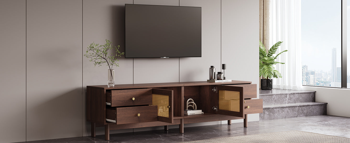 Logidon TV cabinet 180 cm dark wood look rattan doors cable management