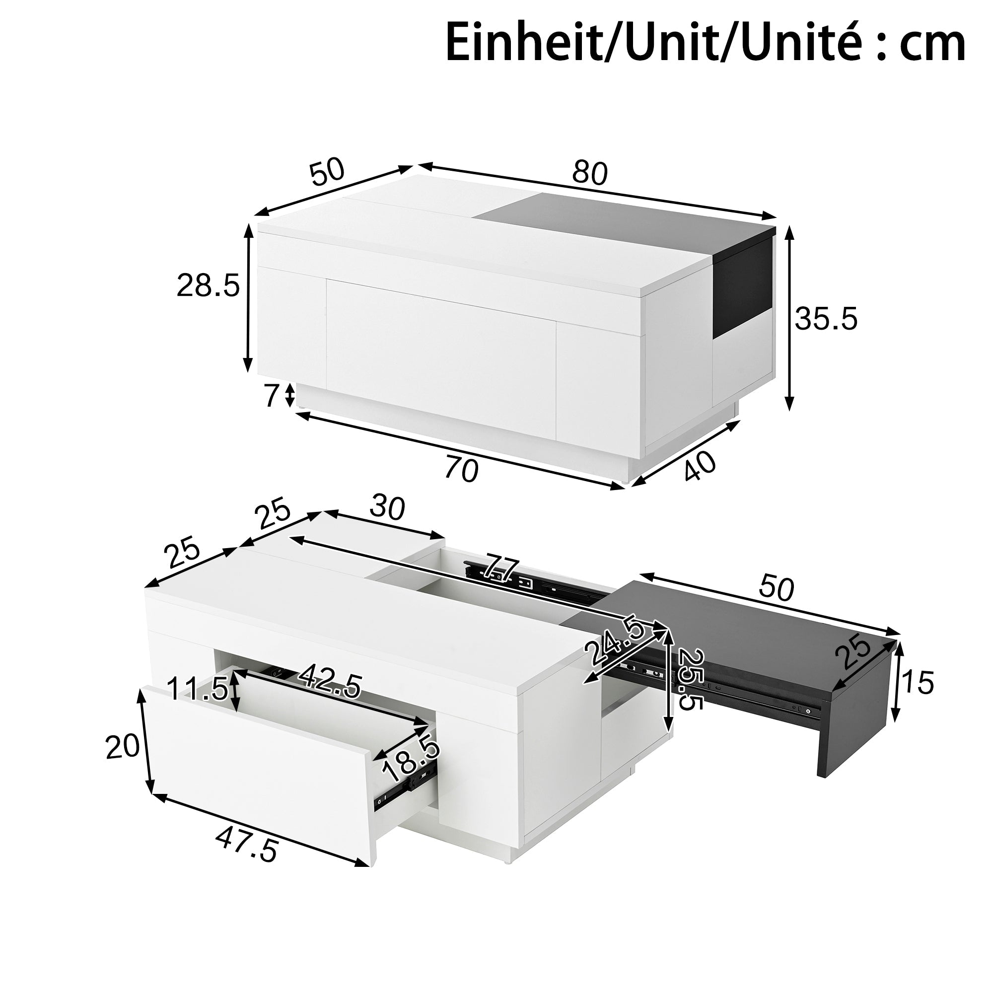 Logidon hoogglans salontafel met LED verlichting uitschuifbaar 80x50 wit