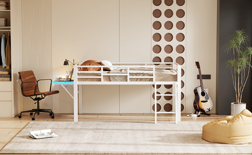 Logidon flat bed 90 x 200 cm metal bed white with railing ladder LED