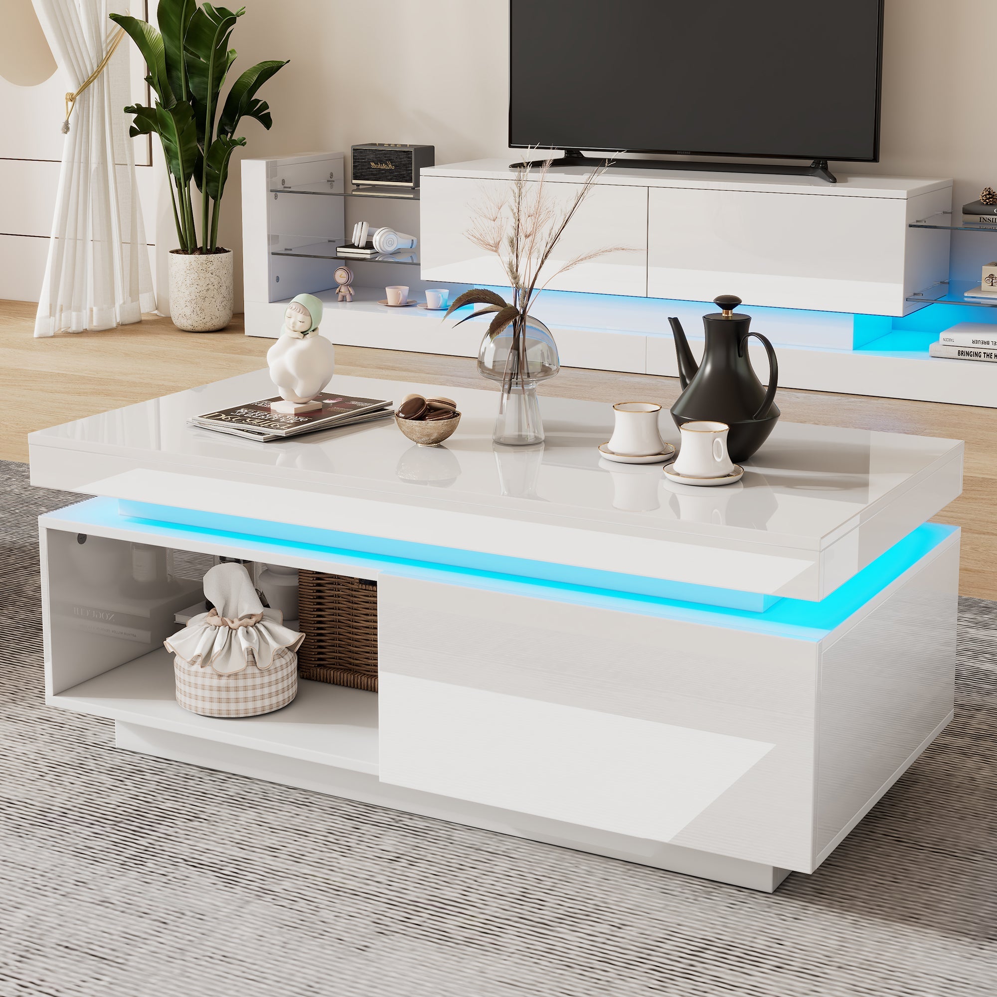 Logidon high gloss TV set white with LED lighting coffee table