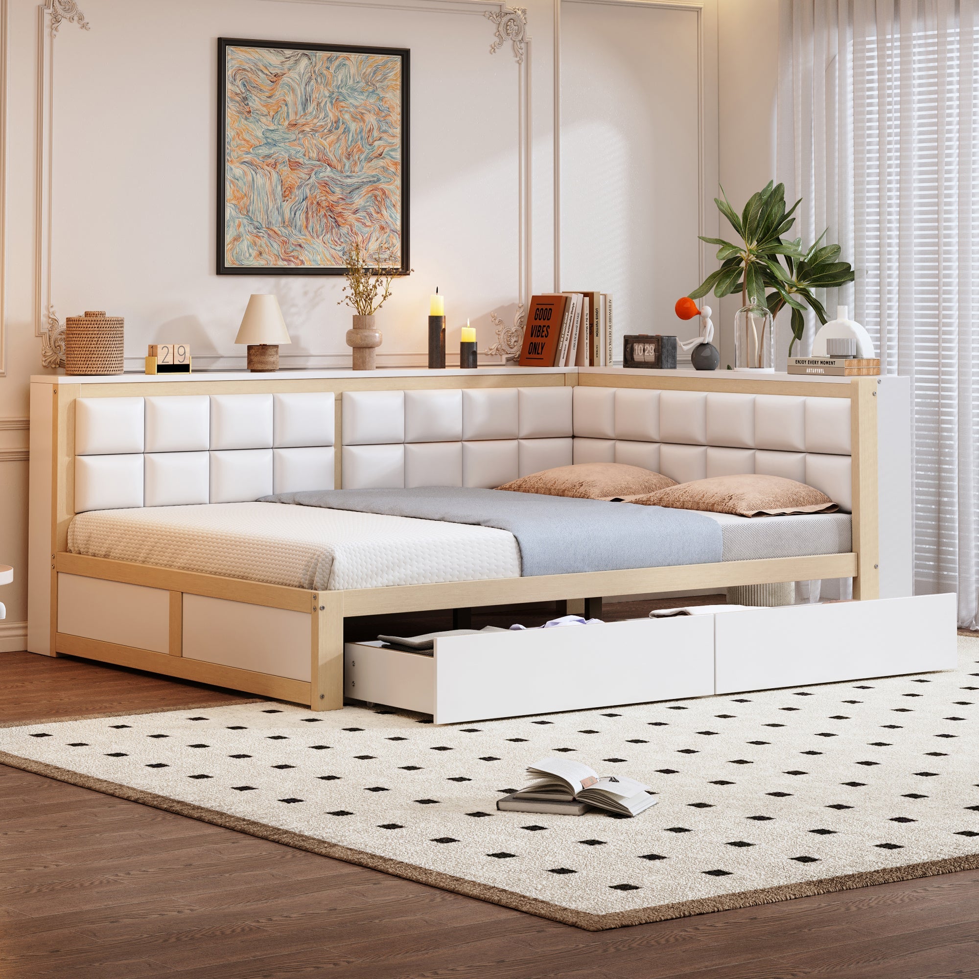 Logidon slaapbank 140x200 met rugleuning en opbergruimte naturel hout