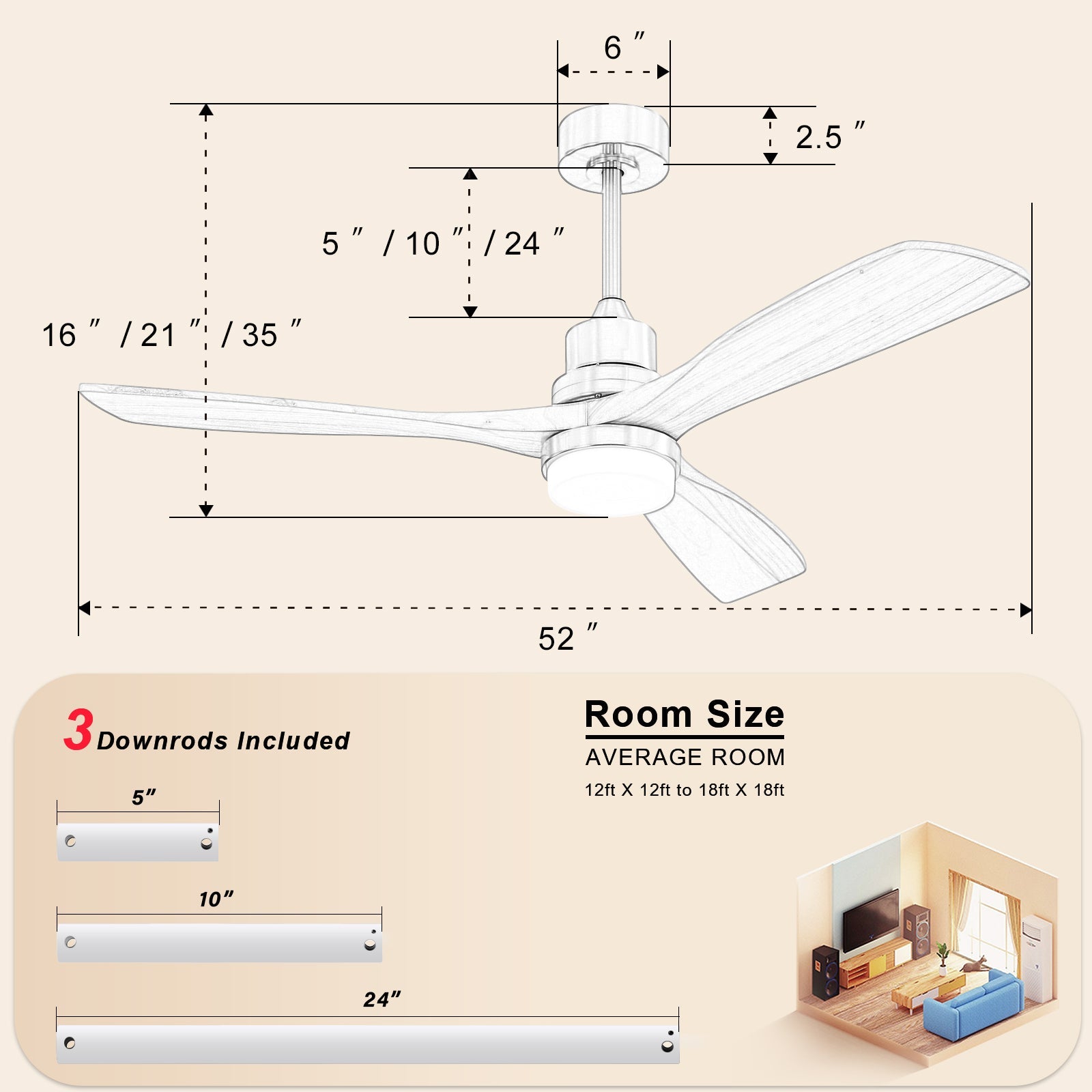 Logidon plafondventilator 52 inch wit met LED-verlichting