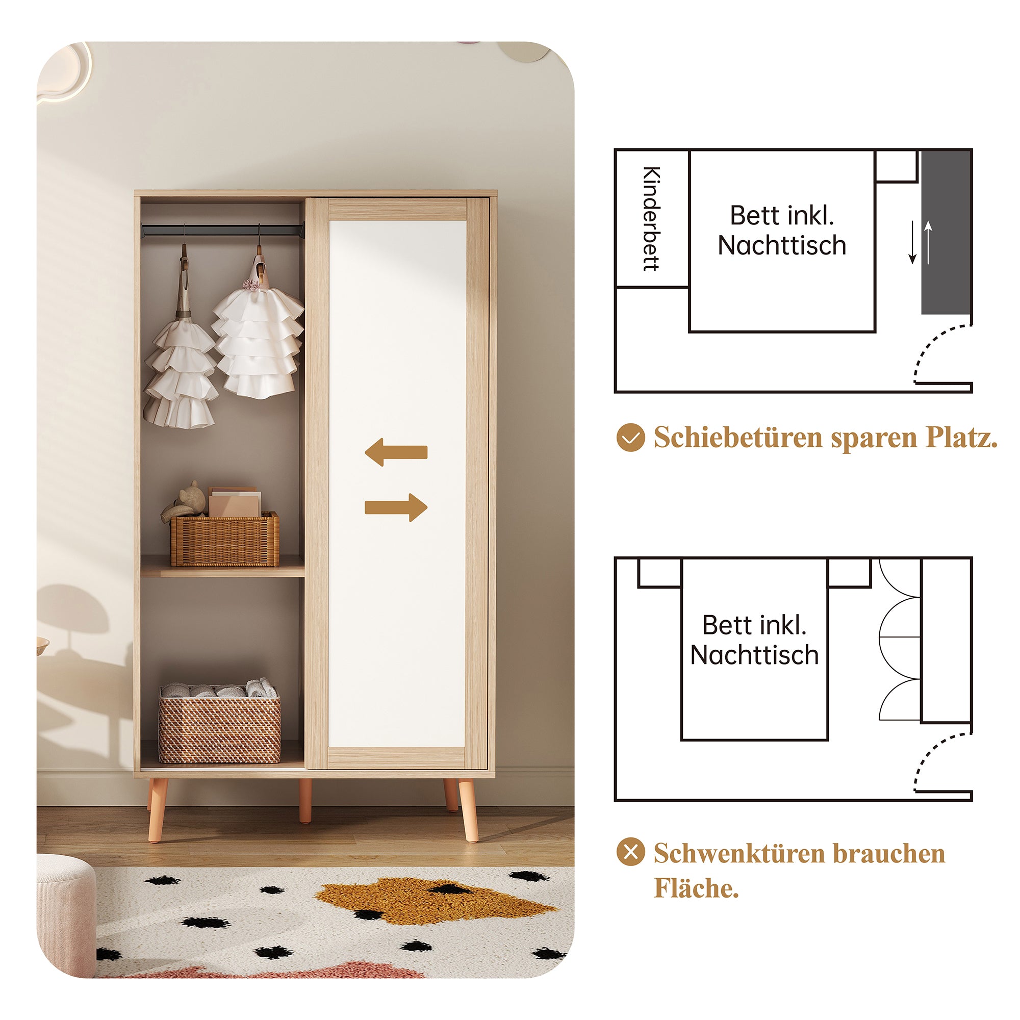 Logidon Children's Wardrobe Sliding Door Open Wardrobe White Natural Wood 141.5 cm
