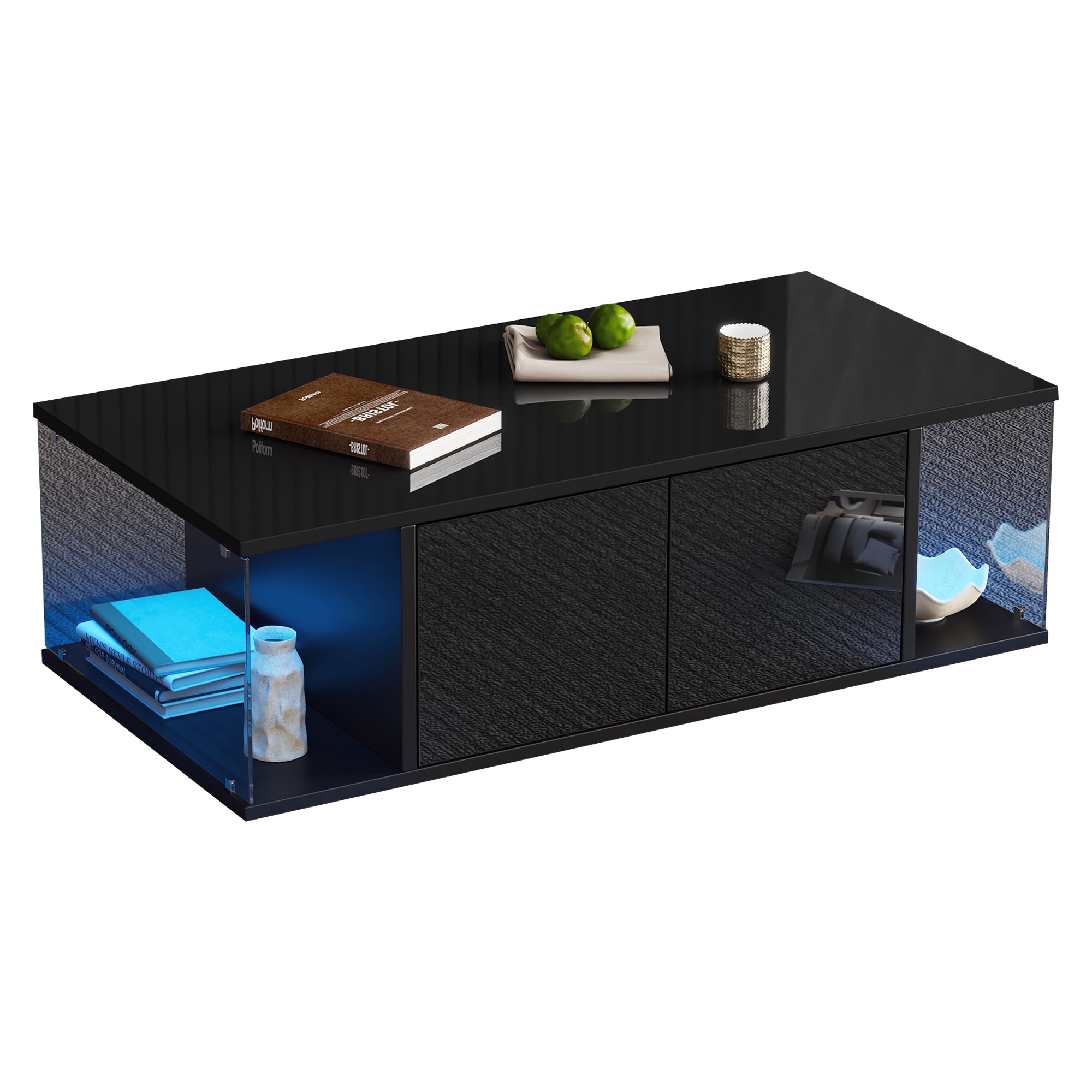 Logidon salontafel 100x50x30 cm zwart hoogglans LED 2 kasten
