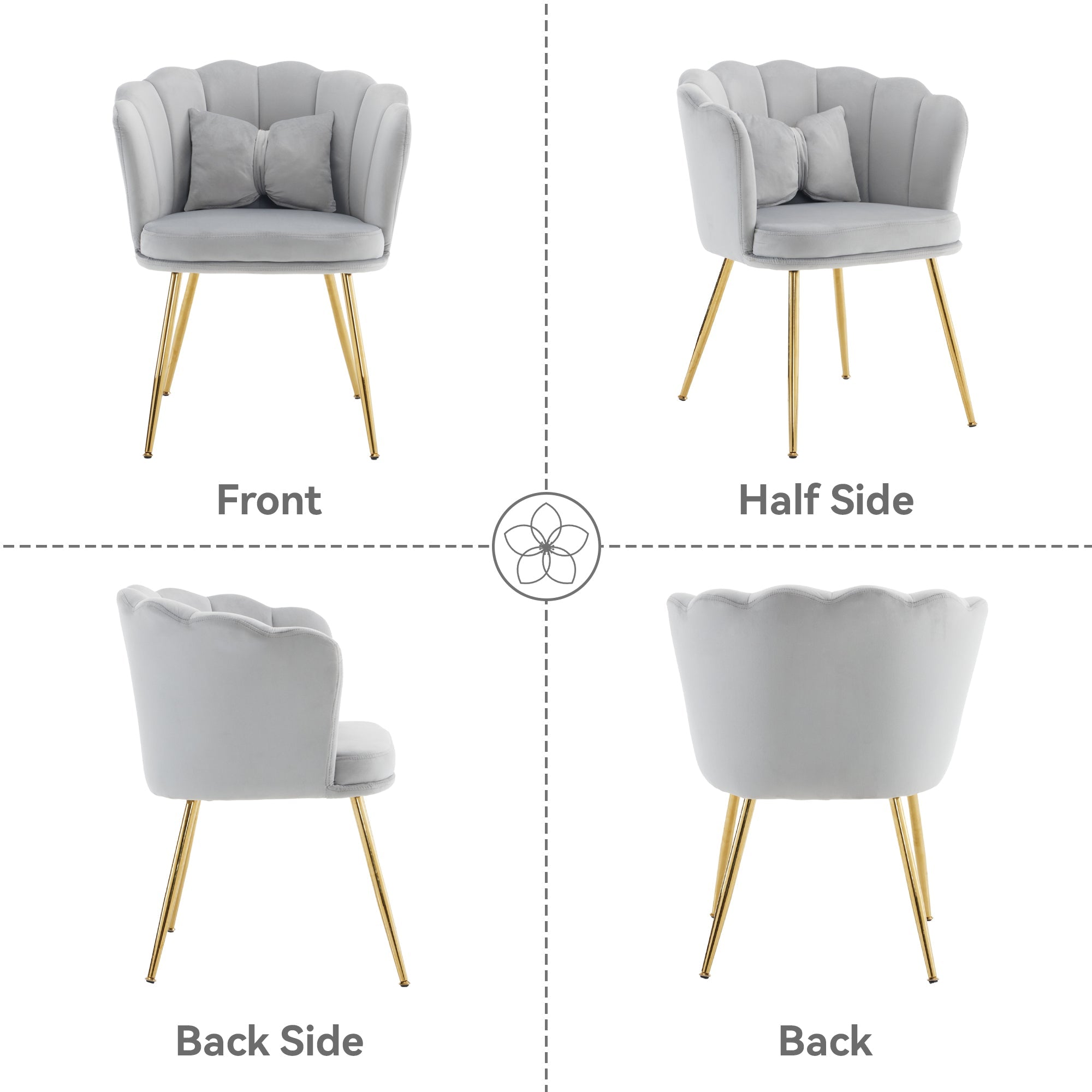Logidon Set of 2 Modern Velvet Chairs with Flower Backs Gray Gold Legs