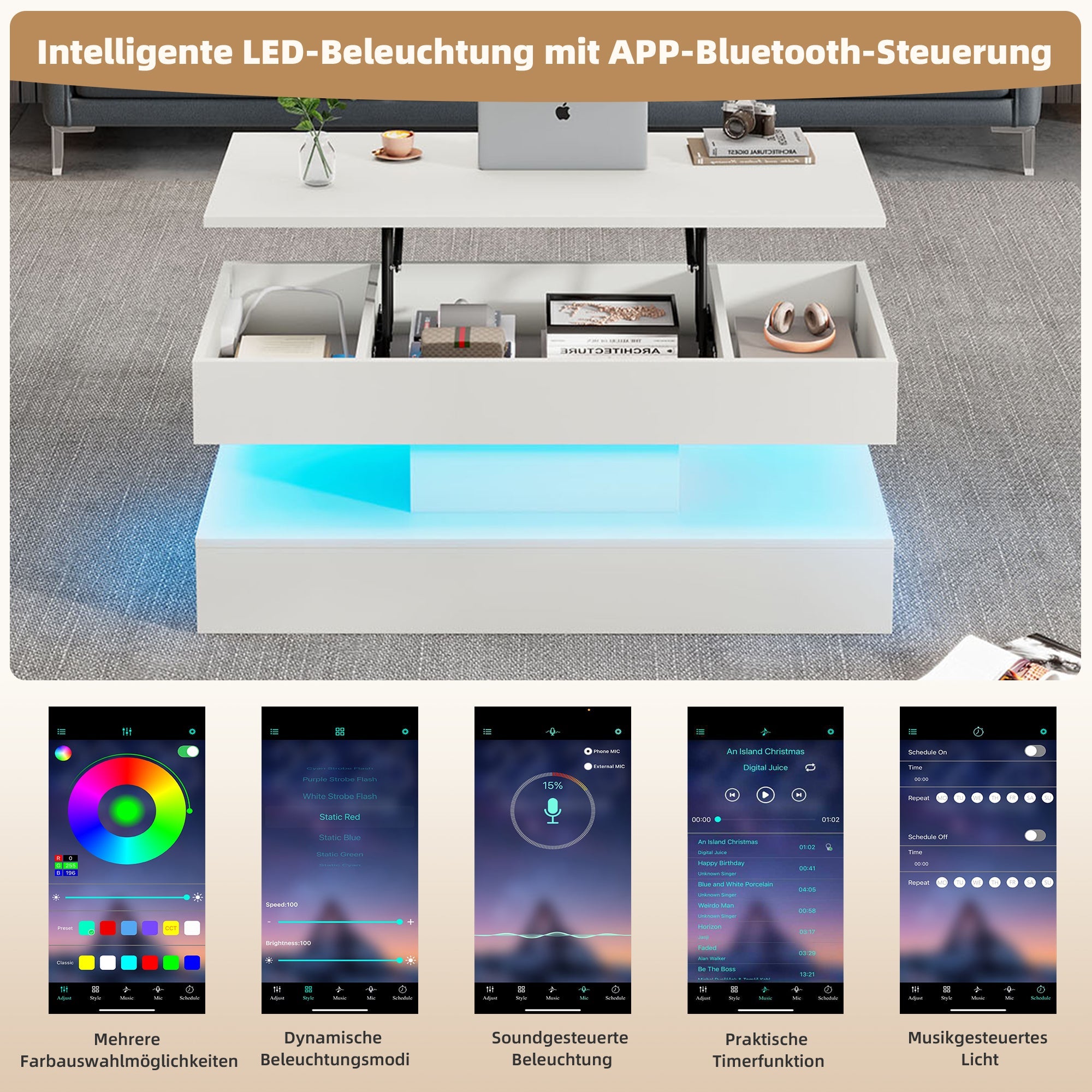 Logidon salontafel LED-verlichting en opbergruimte wit 100x50 cm