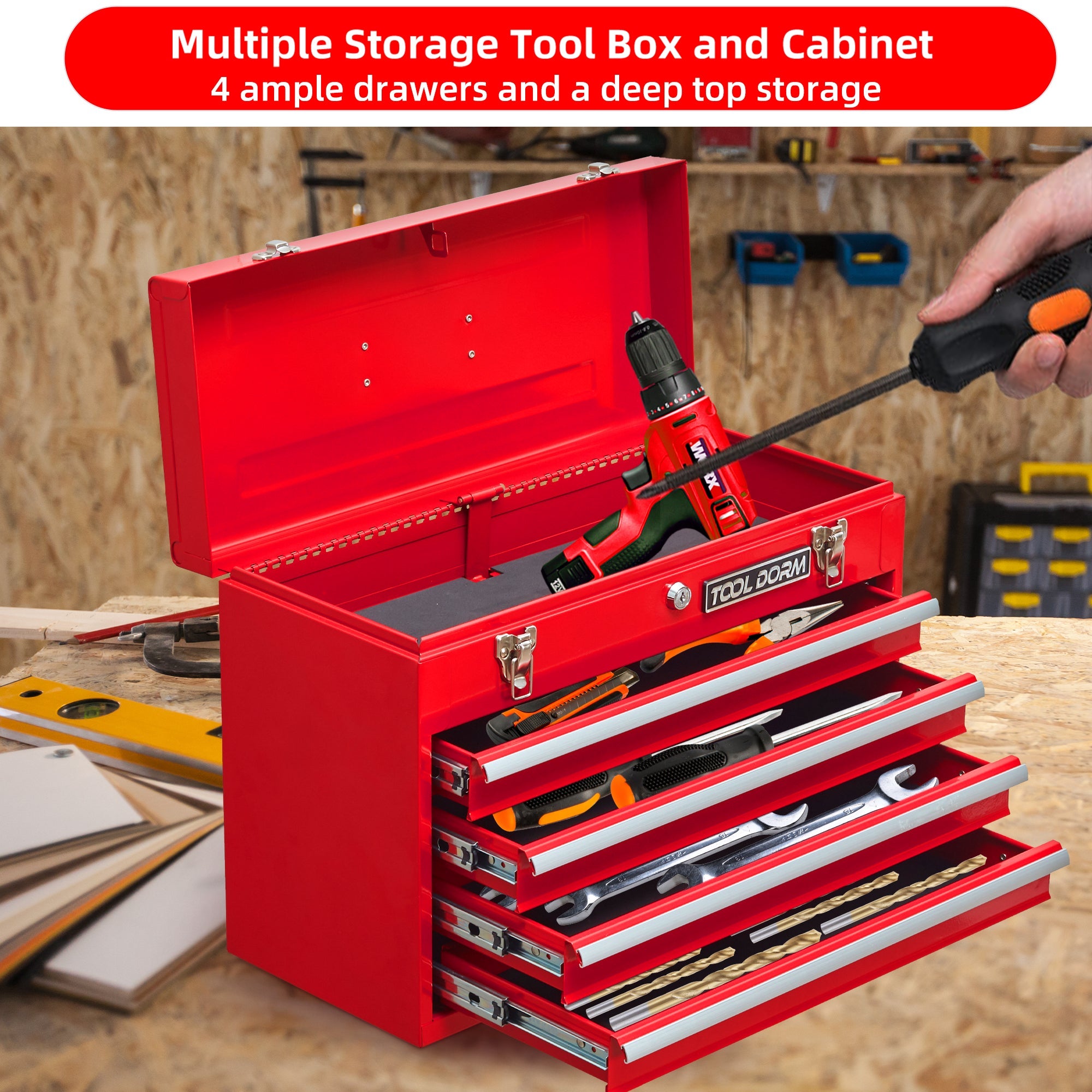 Logidon metal tool box red, 4 drawers, protective padding, lock