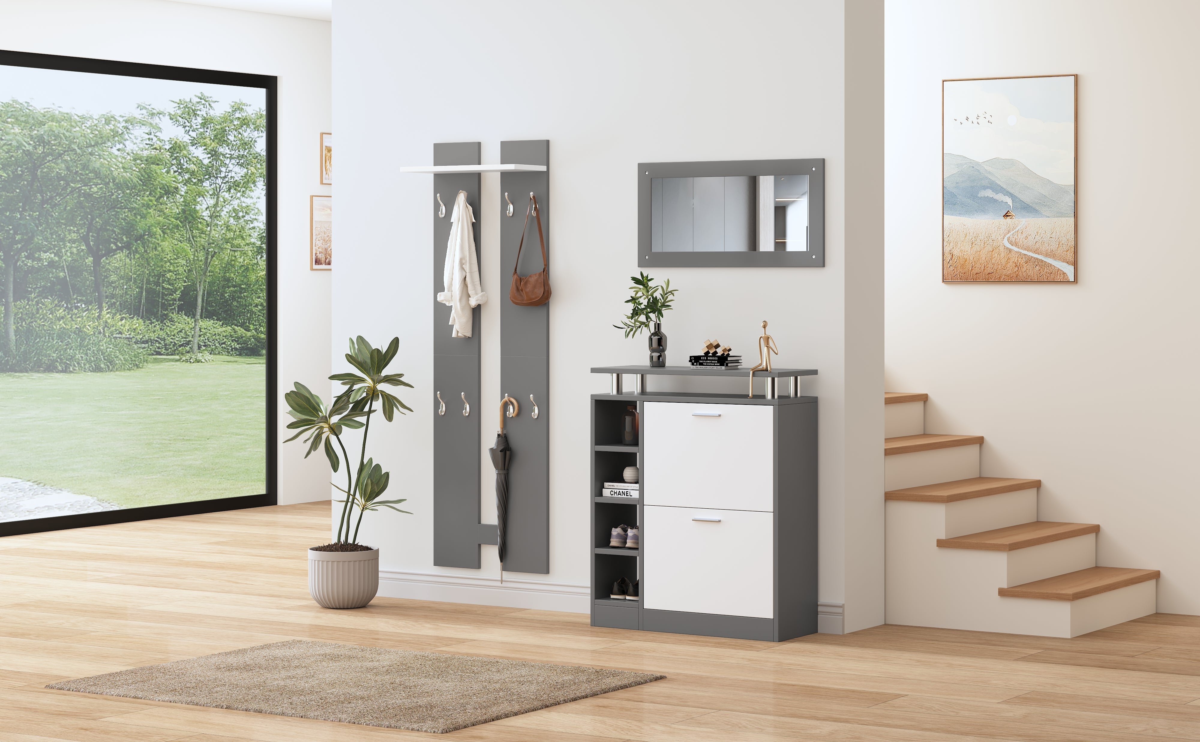 Logidon wandkapstokset 80 x 25 x 96,5 cm grijs witte spiegel