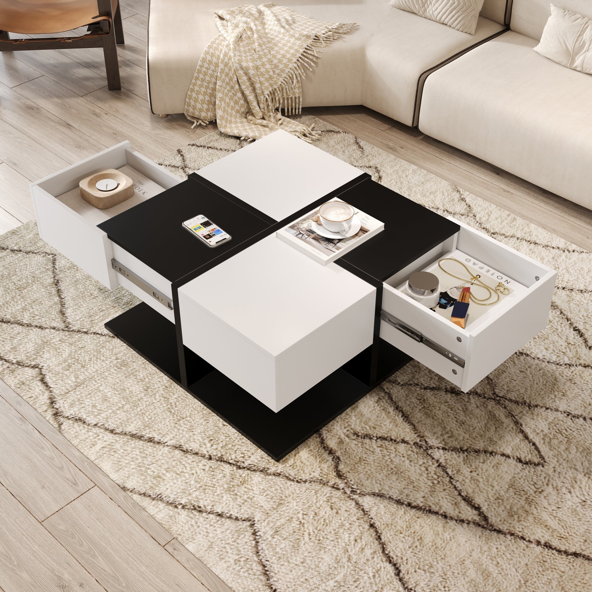 Logidon Moderne Salontafel Zwart Wit 70x70x35,5 cm Met 2 Laden