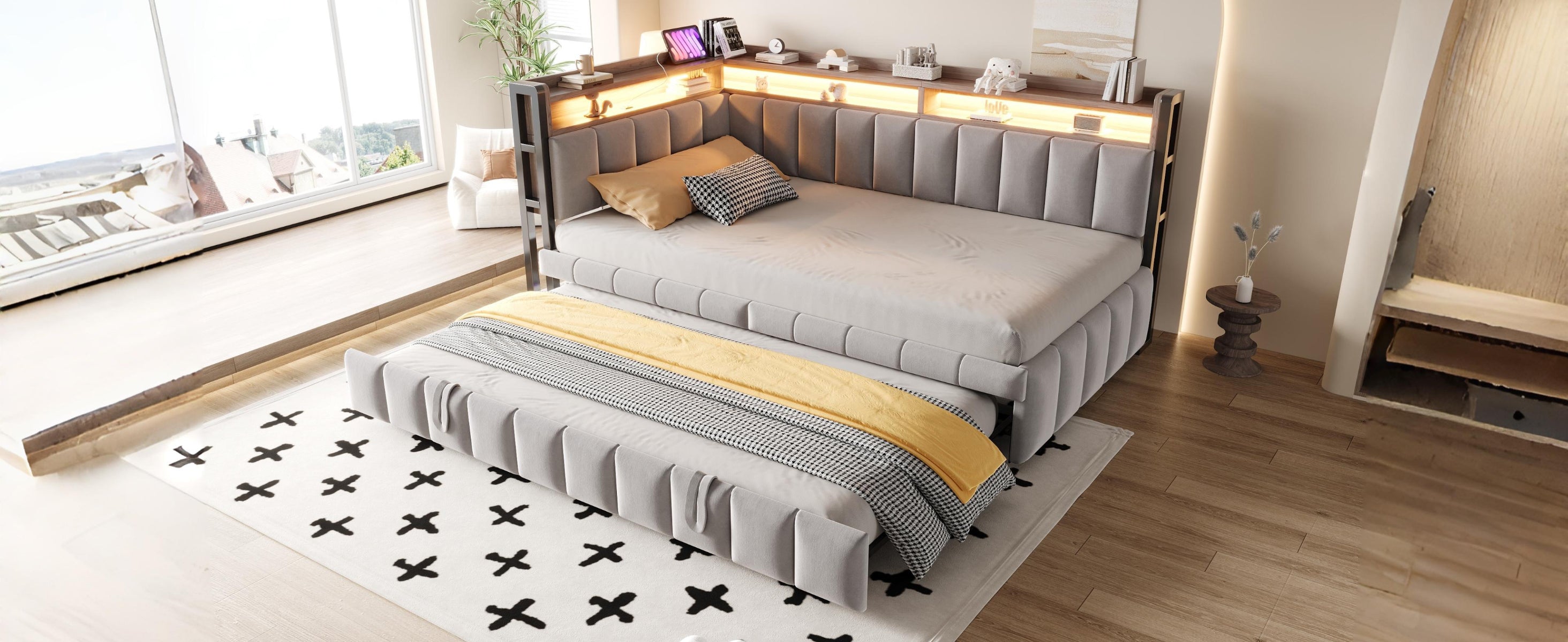 Logidon slaapbank gestoffeerd bed 90x200cm lichtgrijs uitschuifbaar LED USB