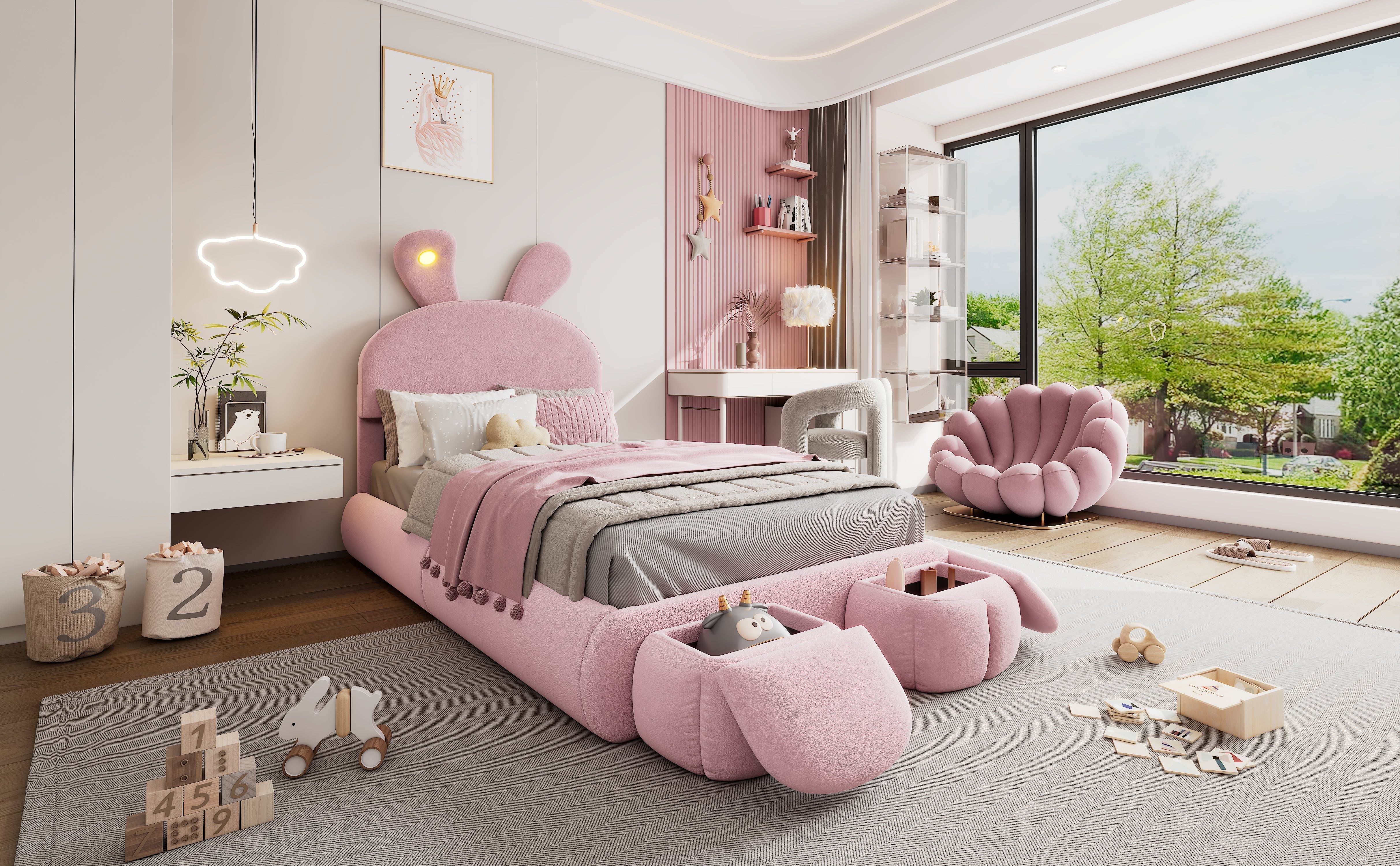 Logidon Upholstered Bed Rabbit Ears Pink 90x200 cm With Adjustable Brightness