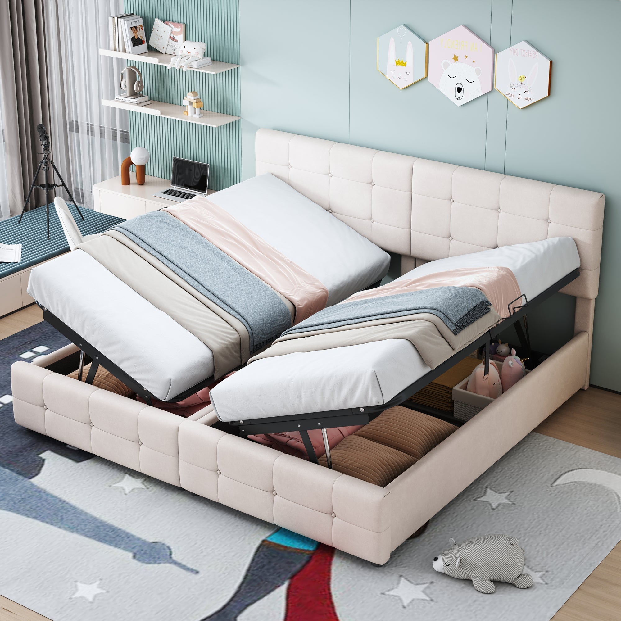 Logidon gestoffeerd bed 180x200 cm hydraulisch opbergbed beige