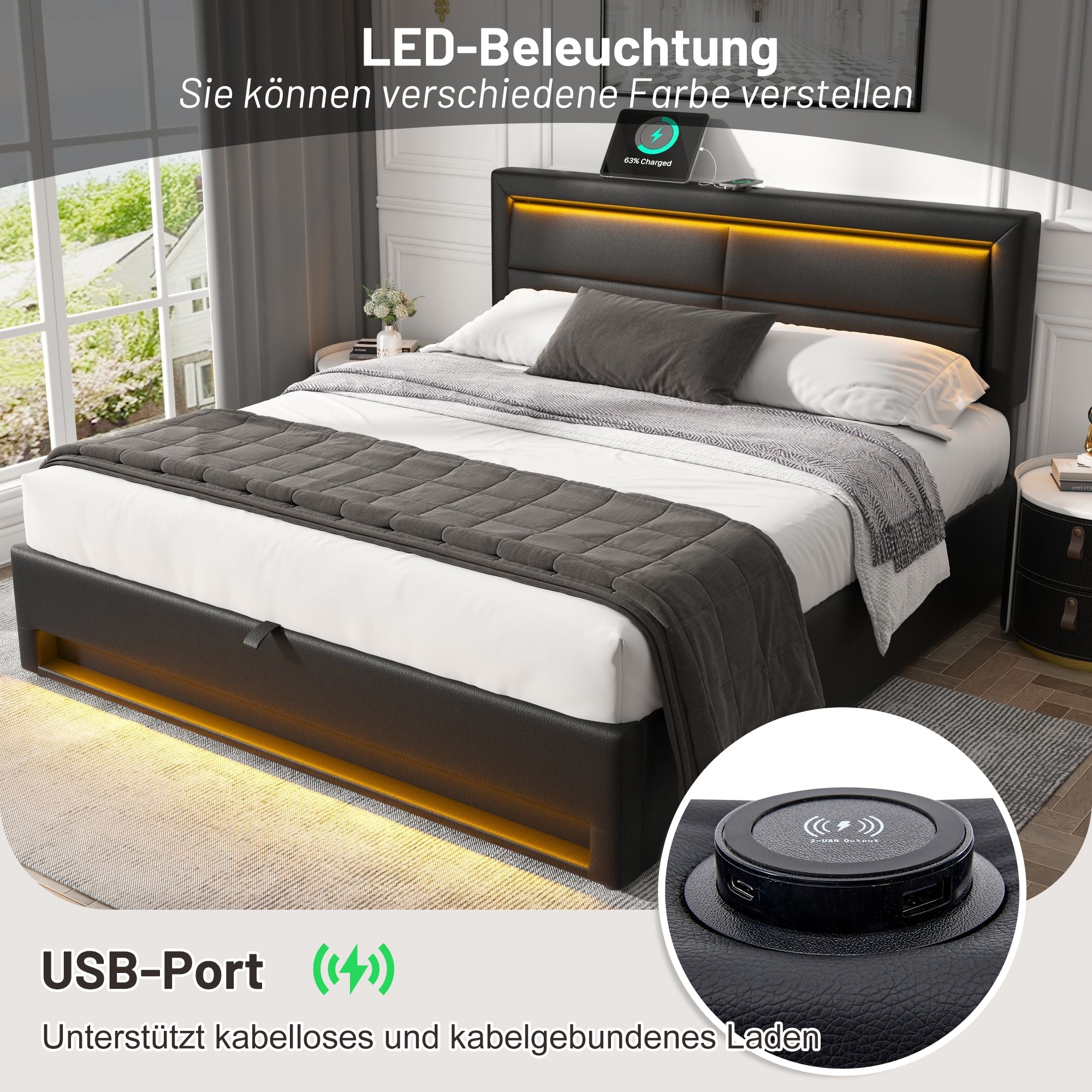 Logidon gestoffeerd bed 160 x 200 zwart USB oplaadpunten LED opbergruimte