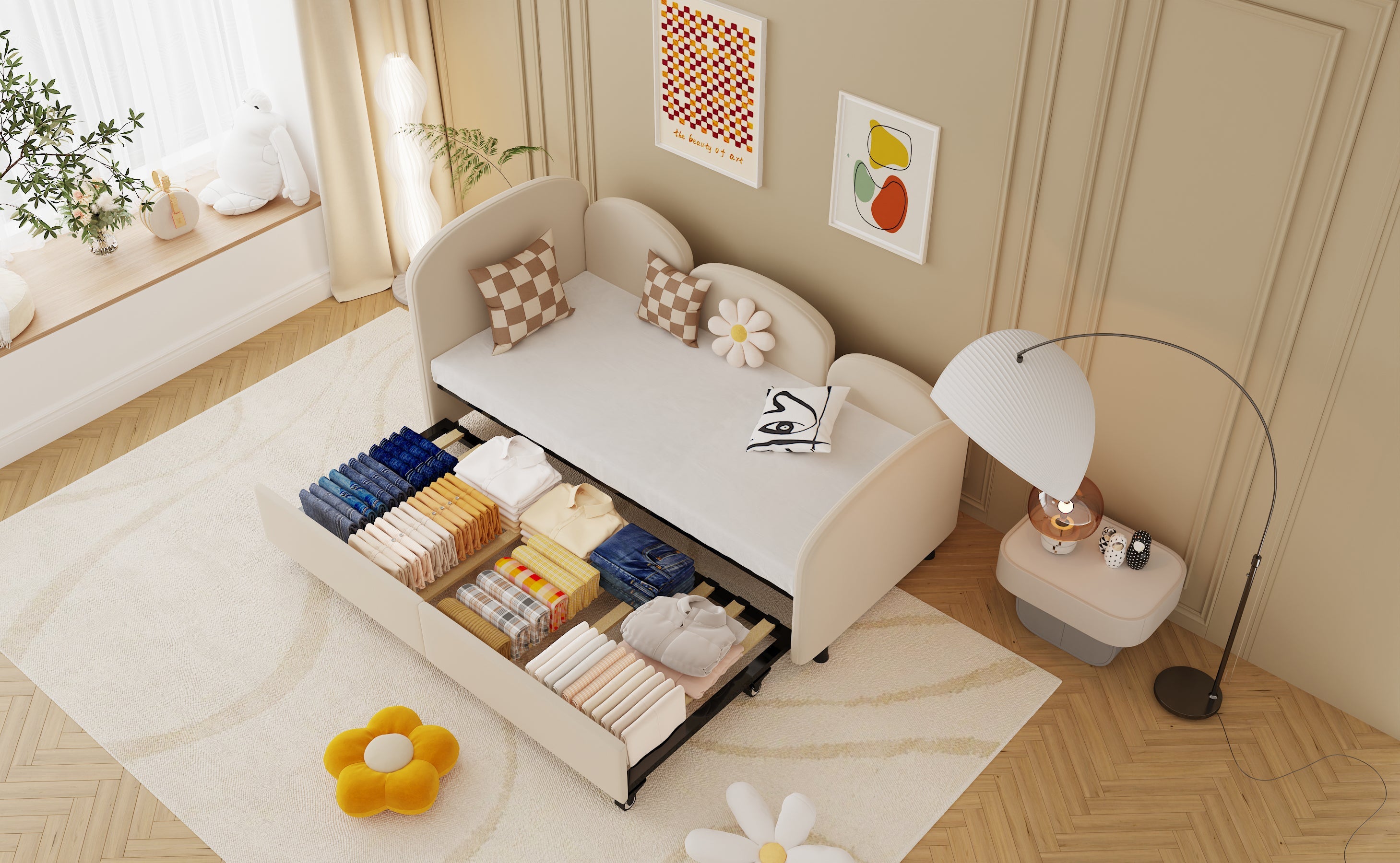 Logidon 2-persoonsbed, gestoffeerd met lades fluweelbeige