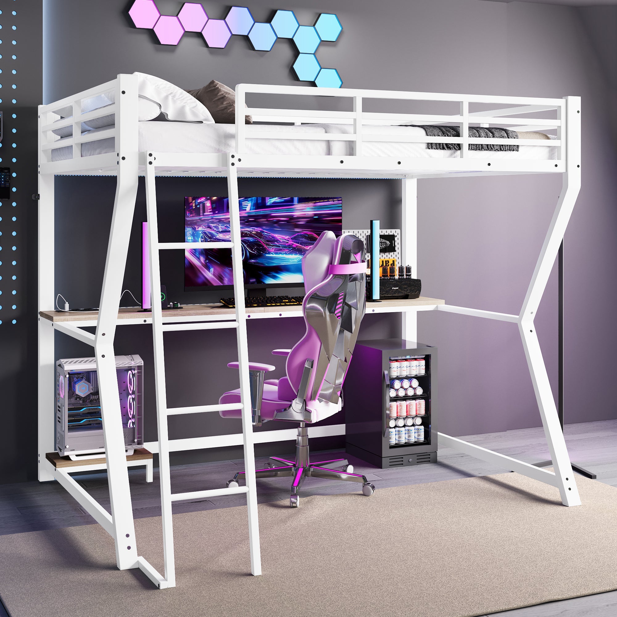 Logidon loft bed 90x200 with LED lighting and computer console white