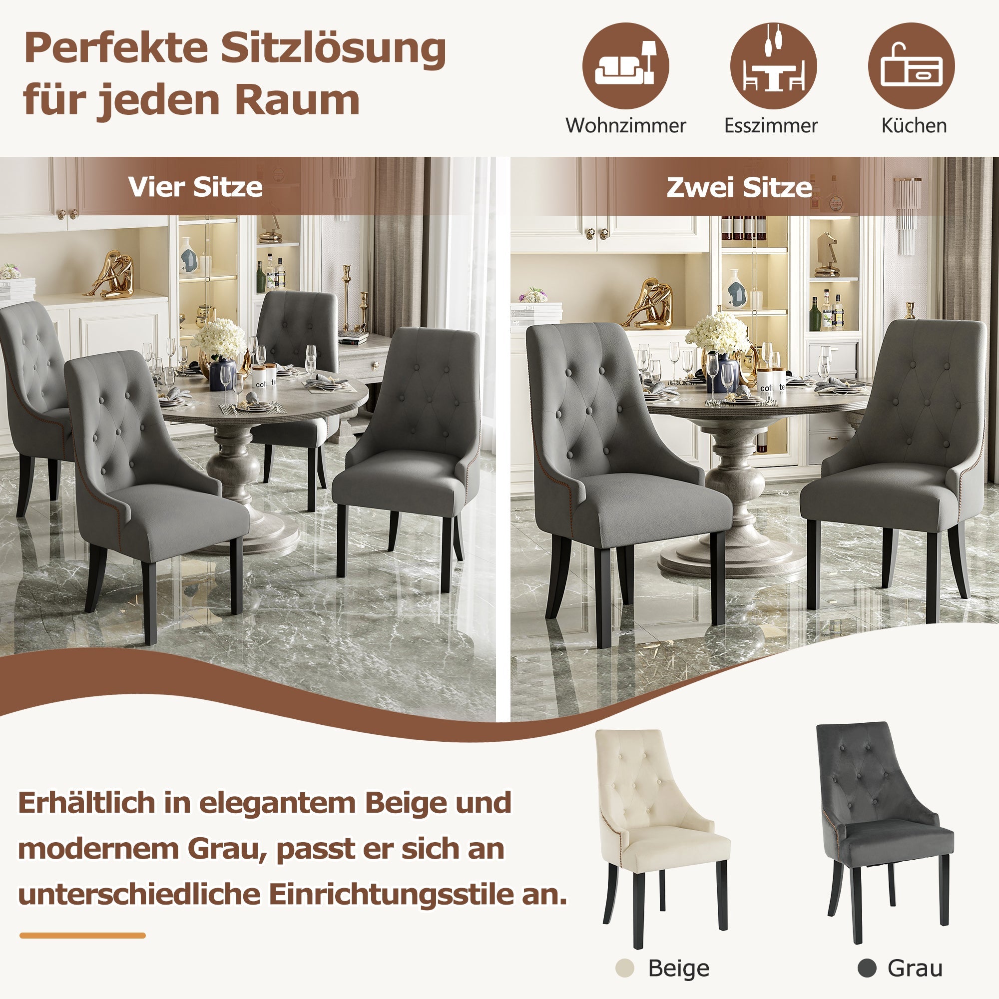 Logidon Set van 2 Retro Eetkamerstoelen Met Ronde Knopen Fluweel Grijs