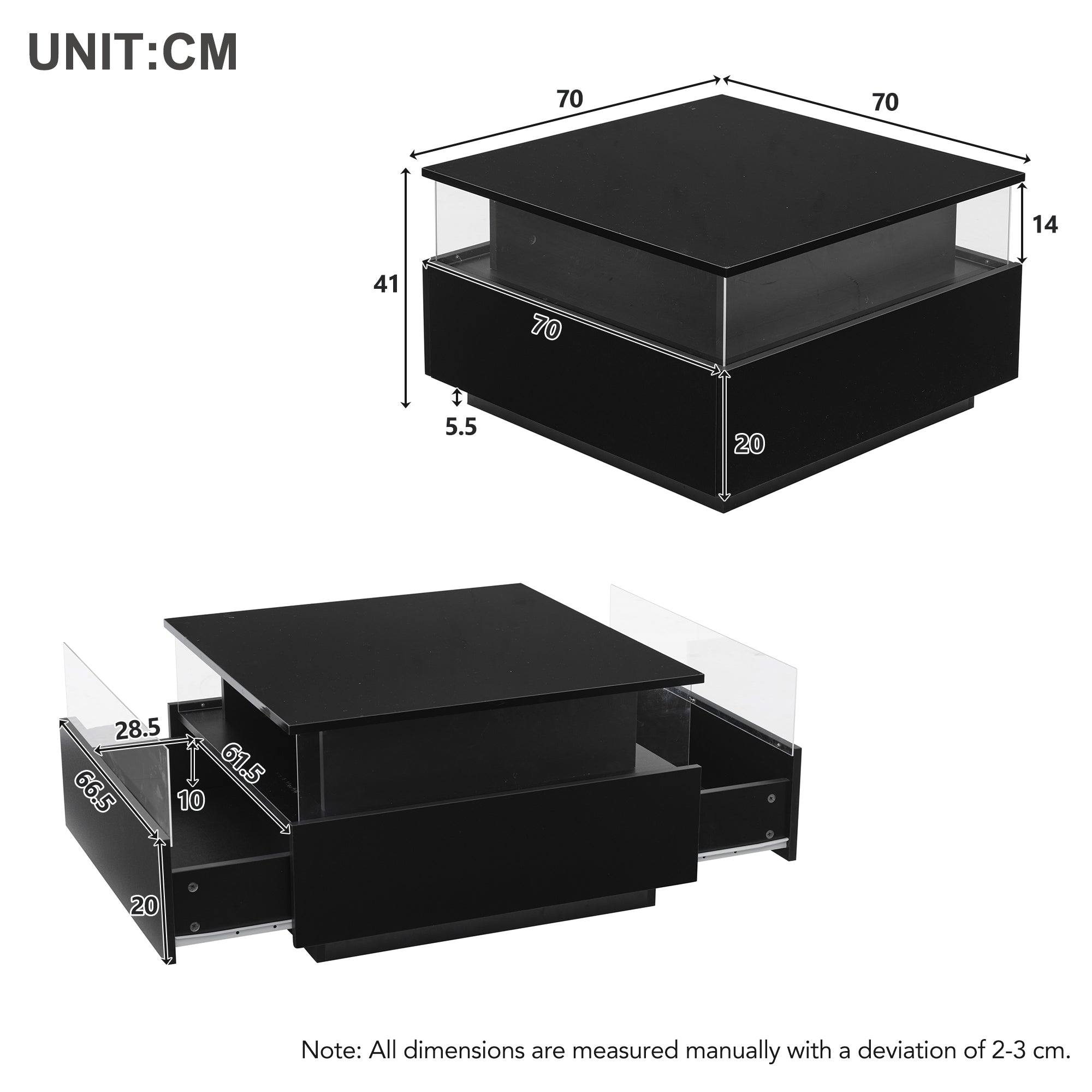 Logidon hoogglans LED salontafel 90x55x45 cm zwart 2 lades