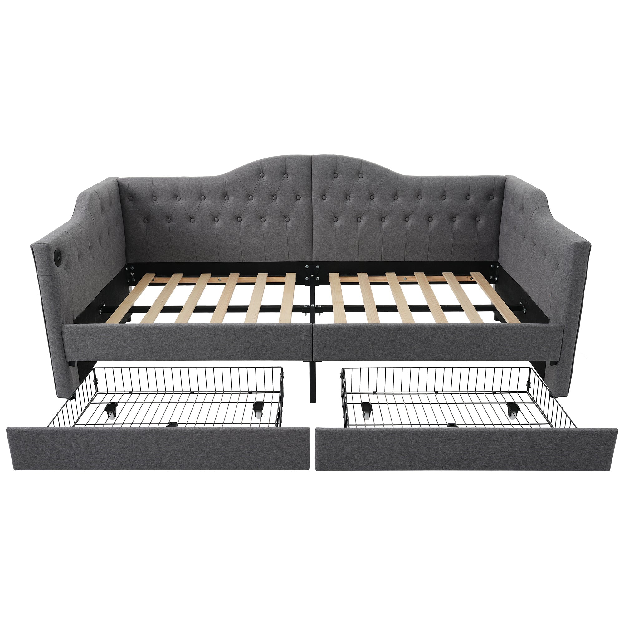 Logidon upholstered daybed 90x200 gray USB-C charging function 2 drawers