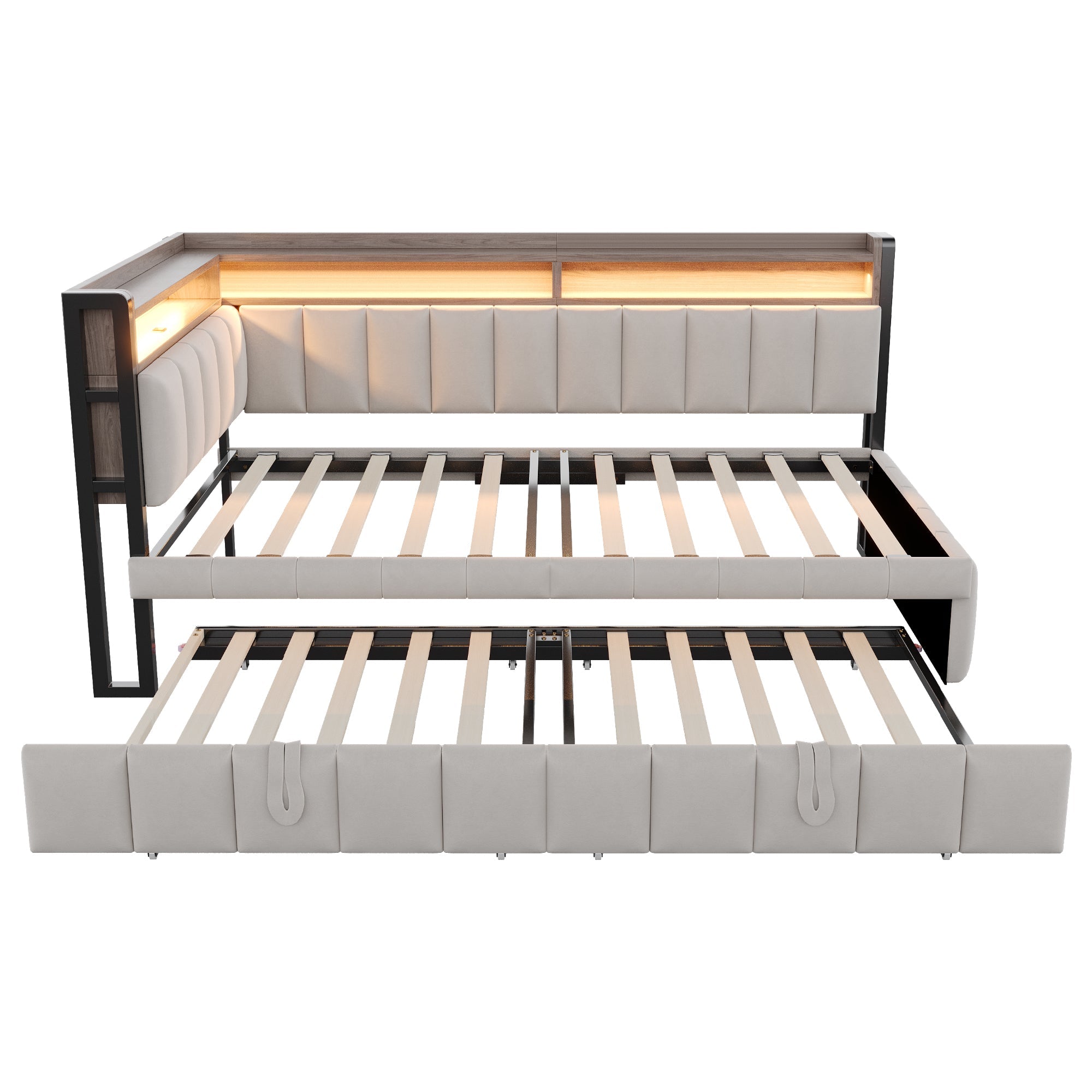 Logidon slaapbank gestoffeerd bed 90x200cm lichtgrijs uitschuifbaar LED USB