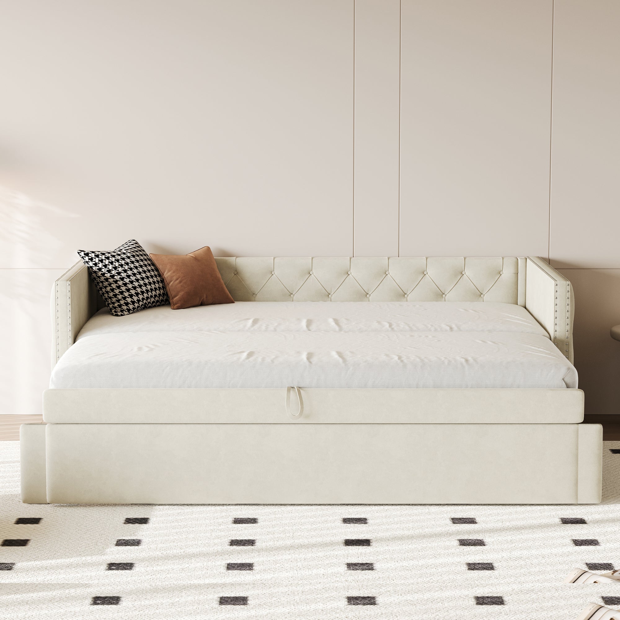 Logidon gestoffeerd bed slaapbank 90x200 beige fluwelen lattenbodem