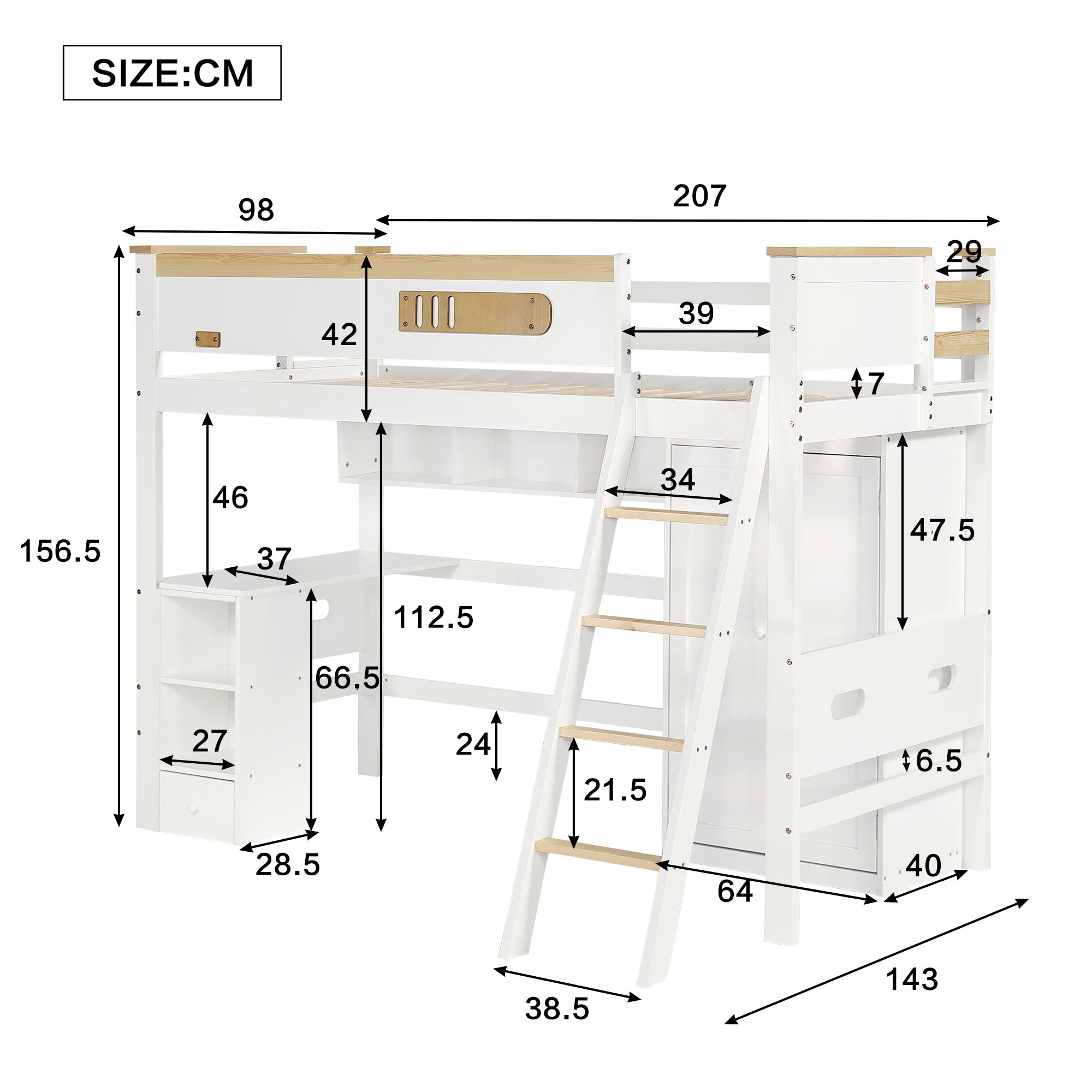 Logidon stapelbed 90x200 cm wit met valbeveiliging tafelkast