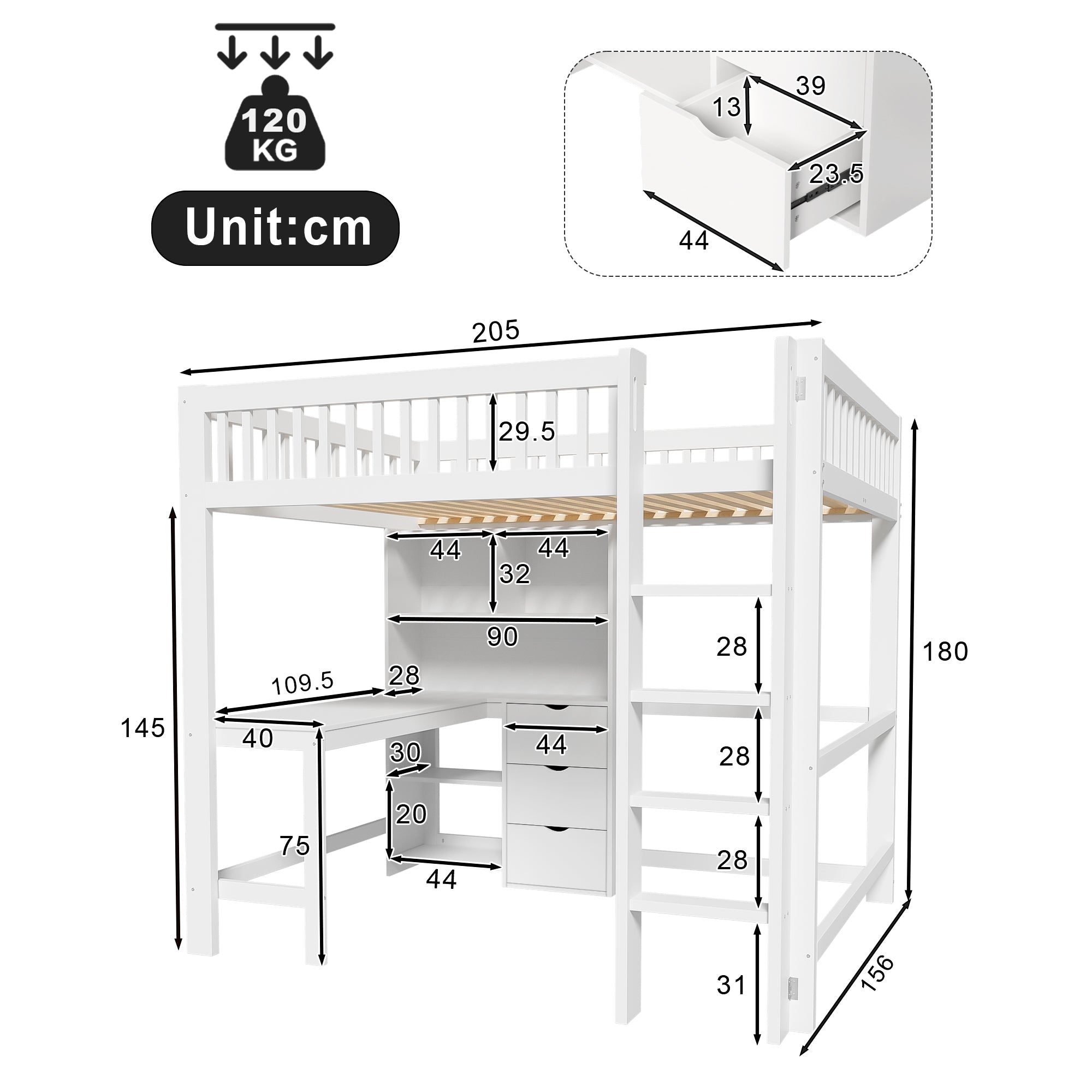 Logidon hoogslaper 140x200 cm met bureau en opbergruimte wit