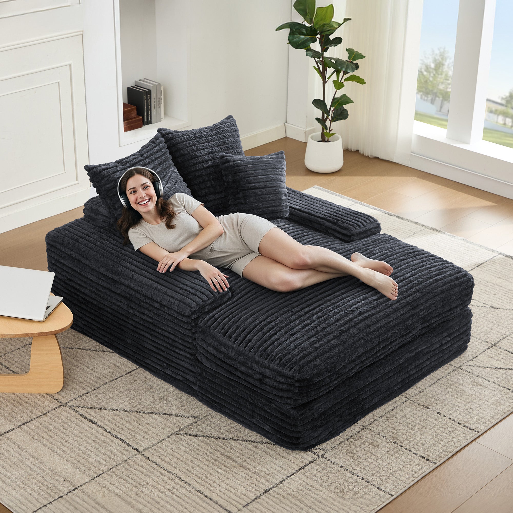 Logidon Luxe Cord Sofa Multifunctionele Slaapbank 4 Kussens Grijs