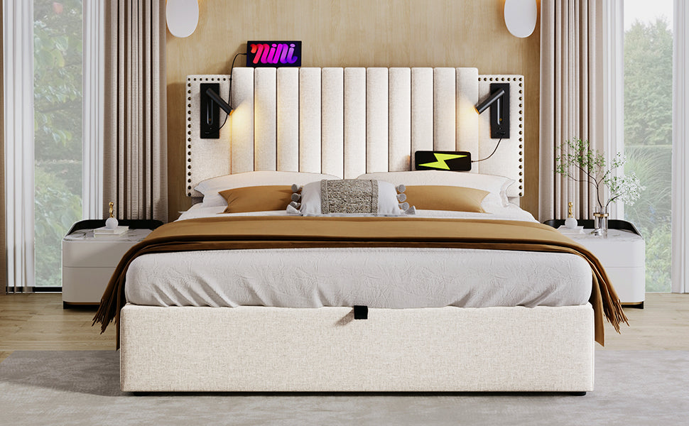 Logidon gestoffeerd bed 160x200 beige met opbergruimte en USB-leeslamp