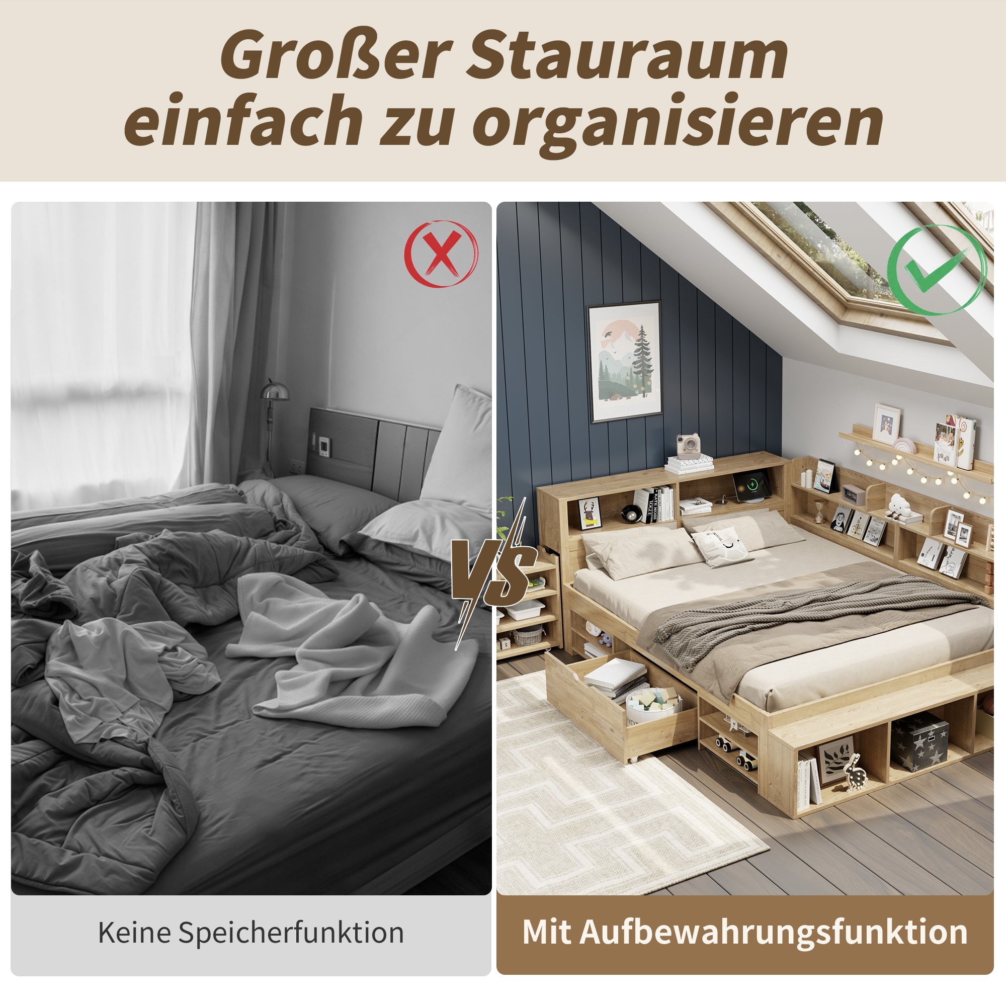 Logidon kinderbed 90x200 cm naturel hout met opbergruimte en opladen