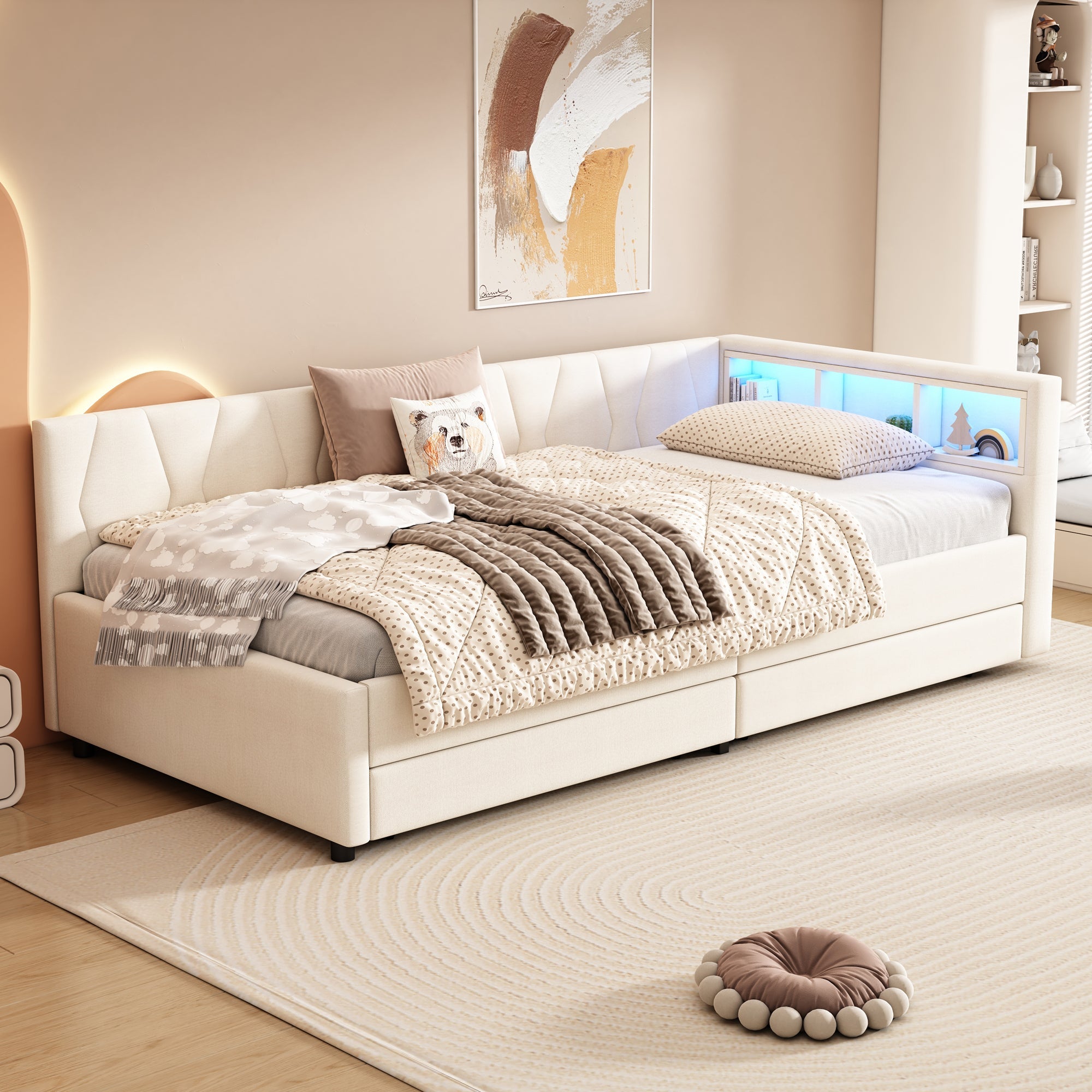 Logidon Dagbed 90x200 cm Beige Slaapbank Opbergvak met USB C LED