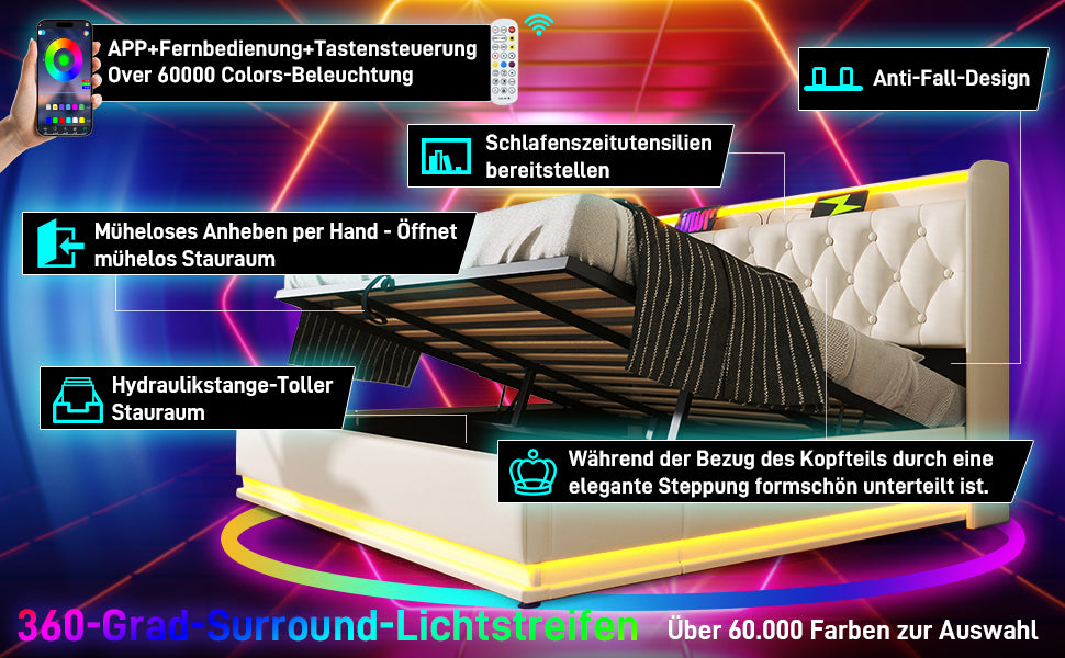 Logidon gestoffeerd bed tweepersoonsbed 180x200 cm wit PU, 360 surround LED