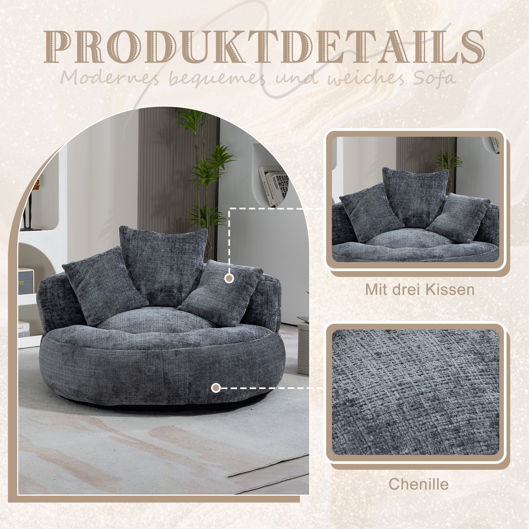 Logidon Lazy Sofa Chenille Grijs Zitzak met hoge rugleuning Lounge