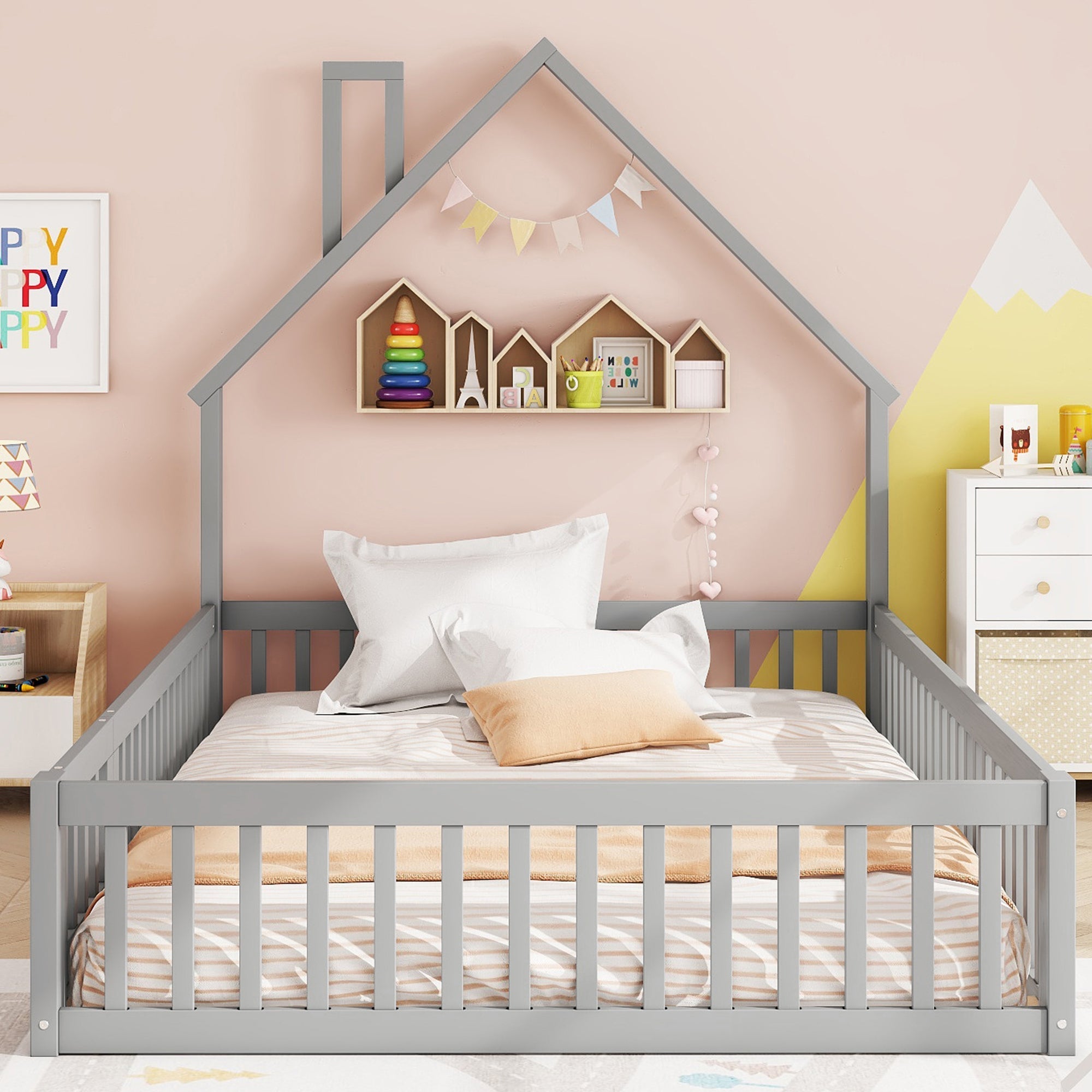 Logidon gestoffeerd bed 140x200 grijs kinderbed in schouwvorm