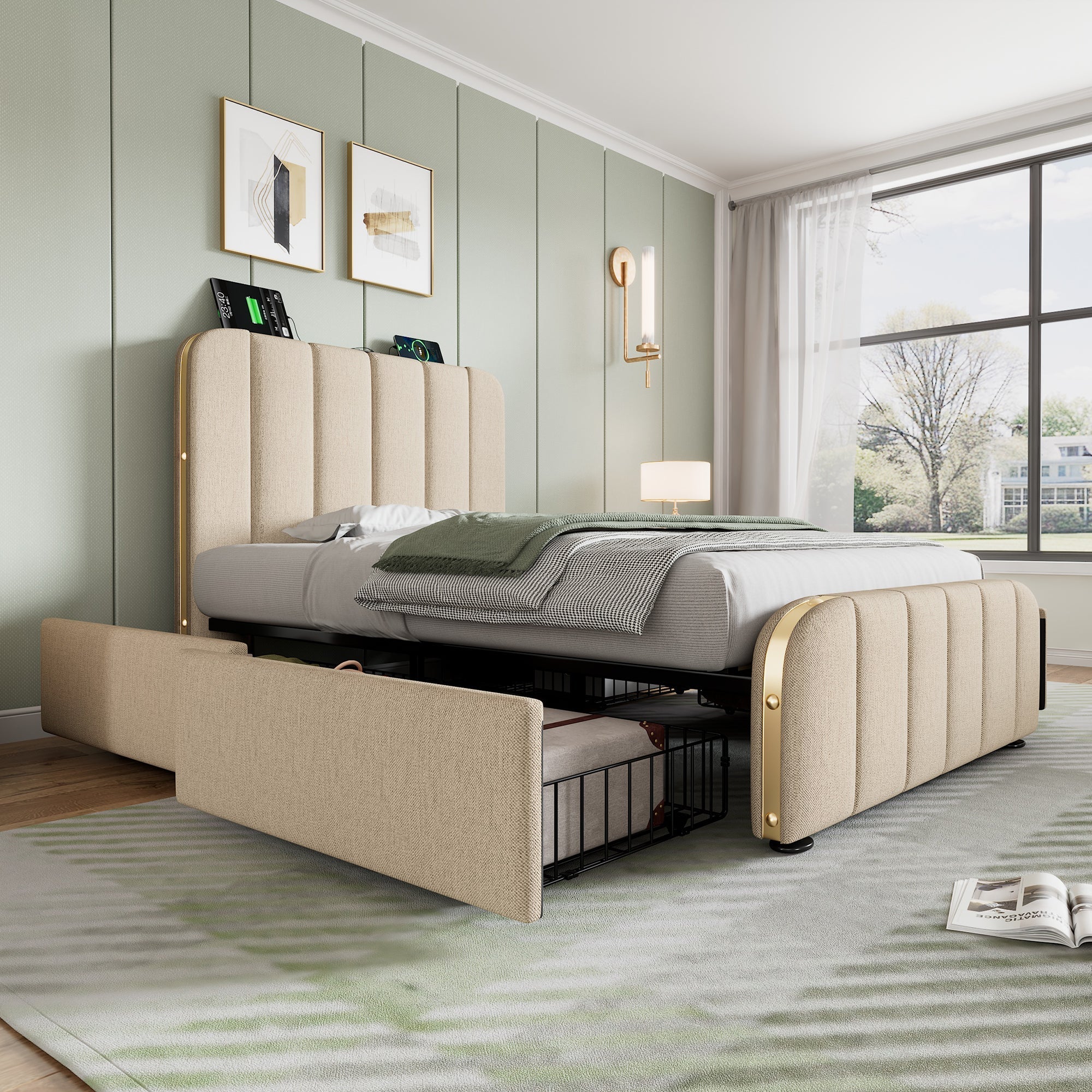 Logidon gestoffeerd bed 90x200 beige USB Type C oplaadfunctie 4 lades
