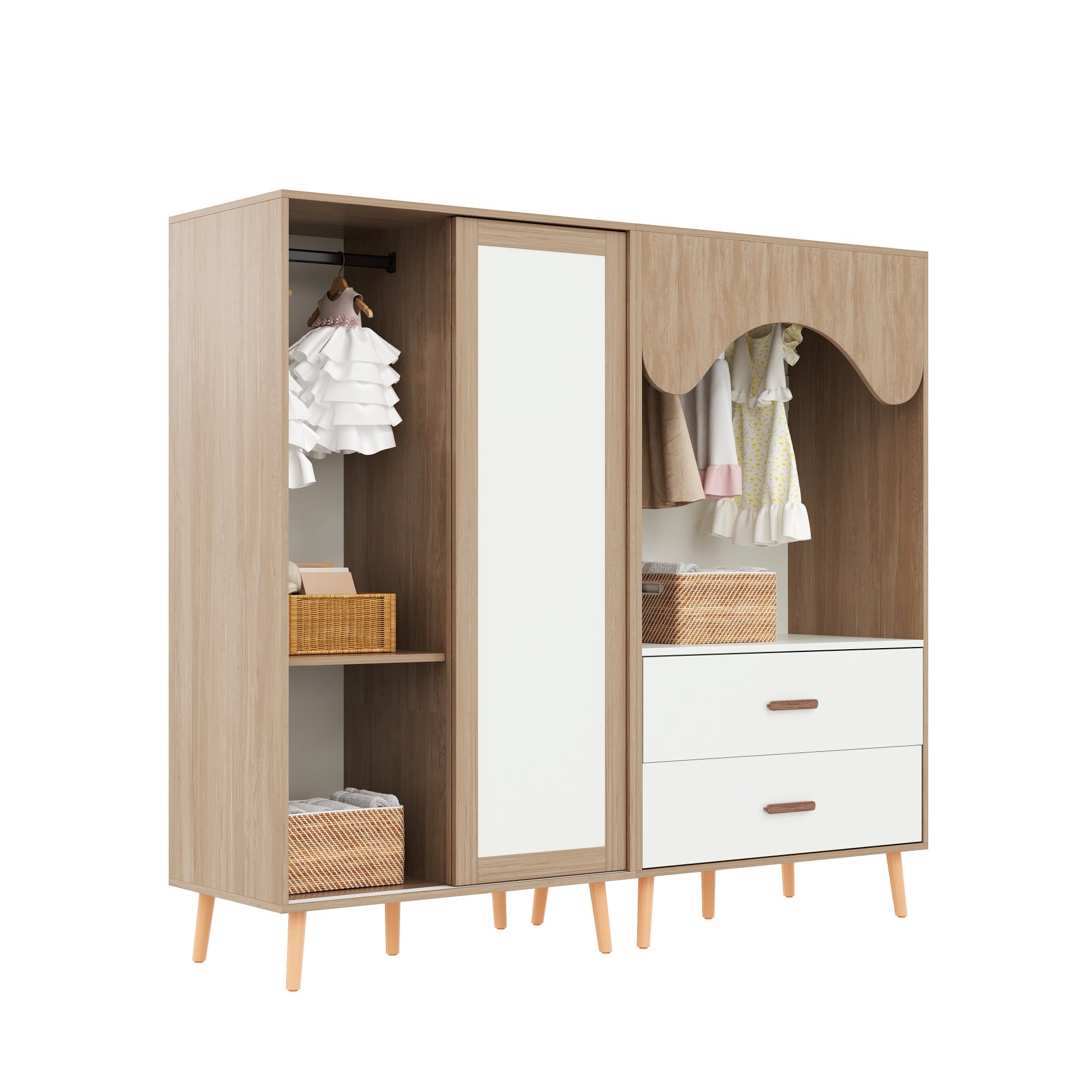 Logidon Children's Wardrobe Sliding Door Open Wardrobe White Natural Wood 141.5 cm