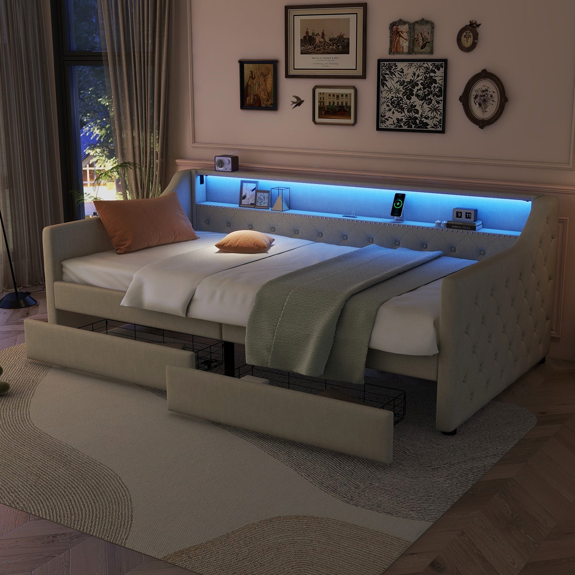 Logidon Daybed 90x200 beige slaapbank met lattenbodem USB-oplaadaansluiting