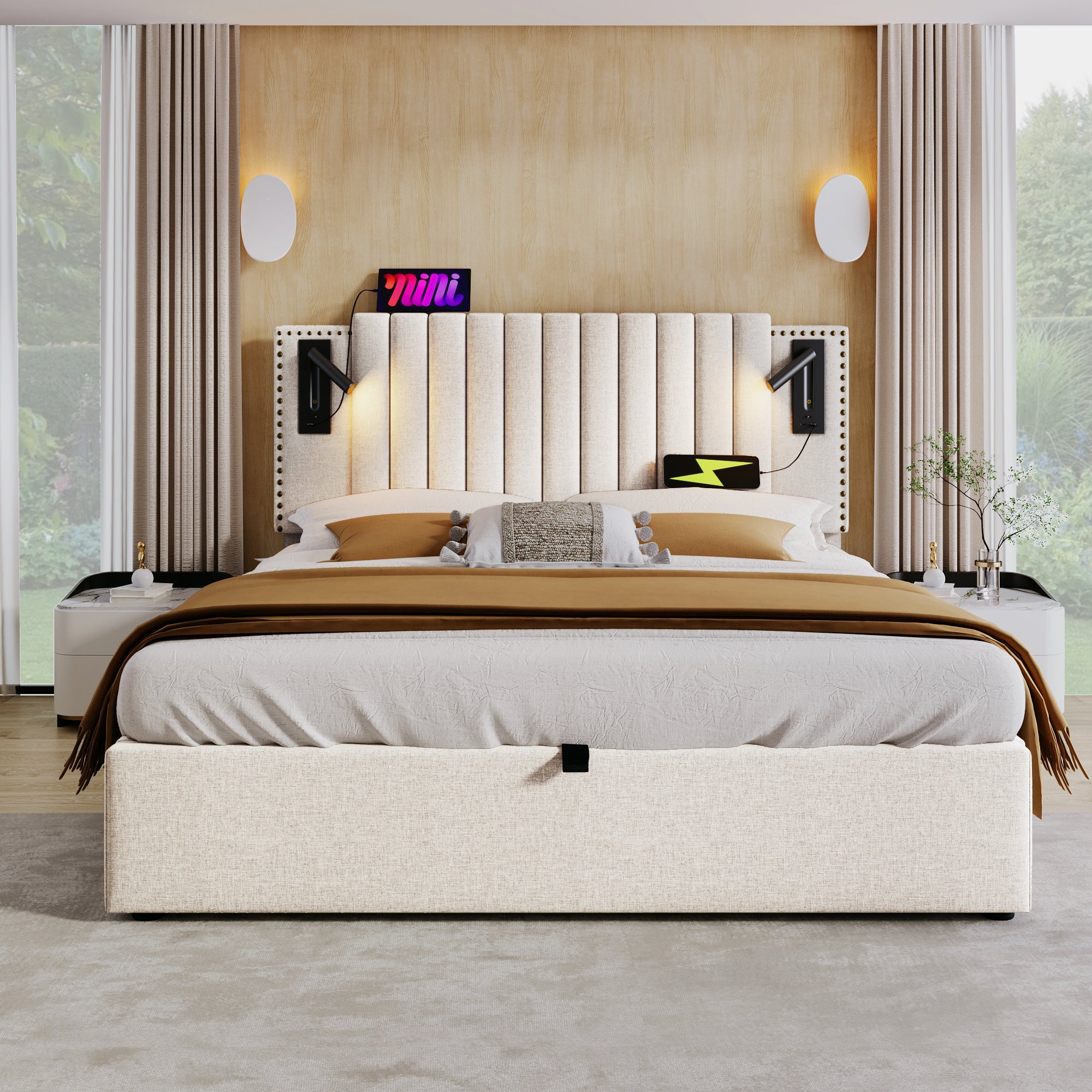 Logidon gestoffeerd bed 160x200 beige met opbergruimte en USB-leeslamp