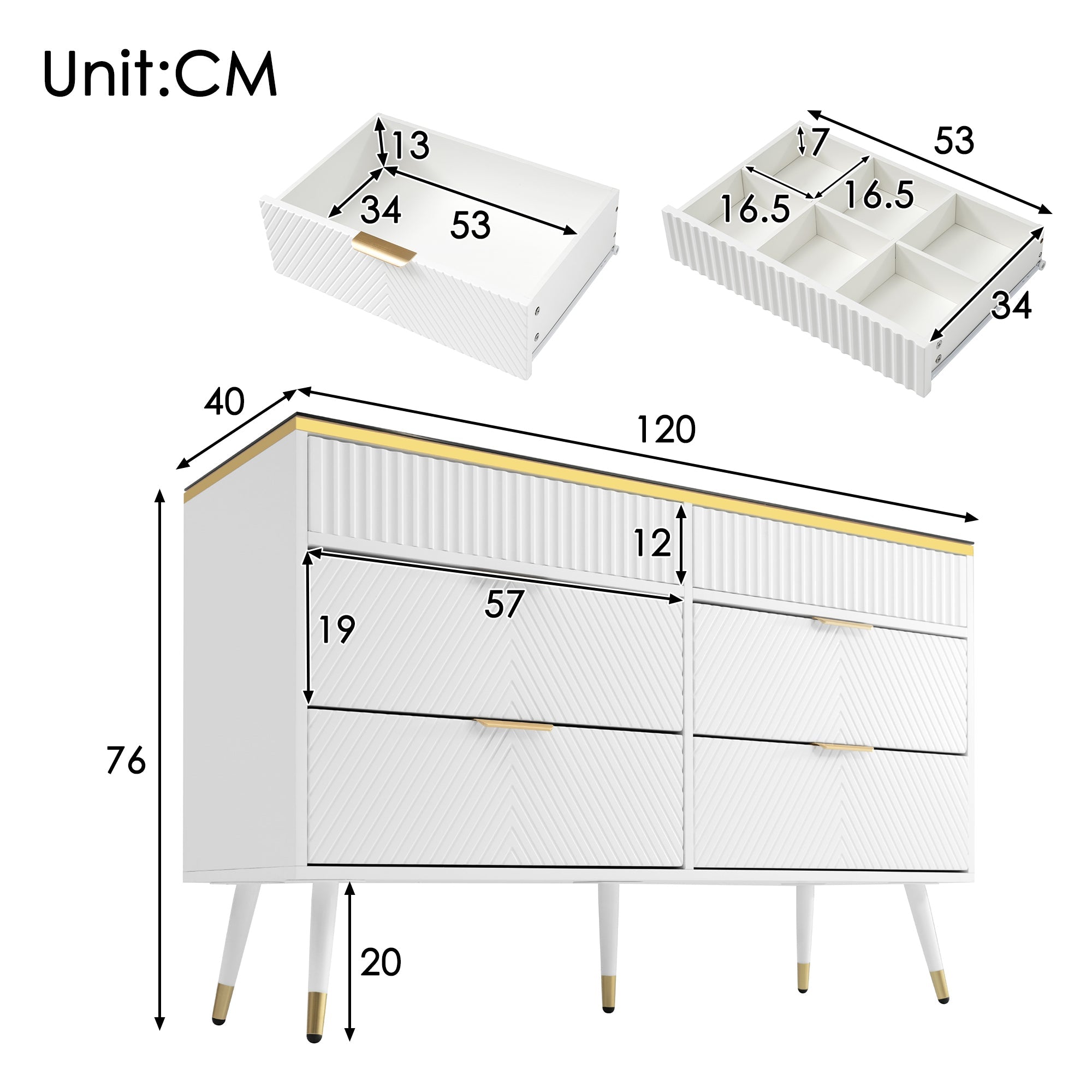 Logidon ladekast amber glazen dressoir 6 lades 120x40x76 wit
