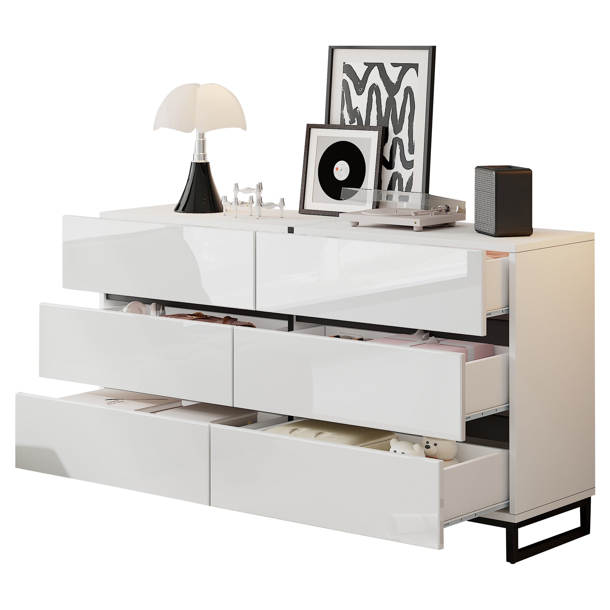 Logidon dressoir 140 cm hoogglans wit zwart met 6 lades