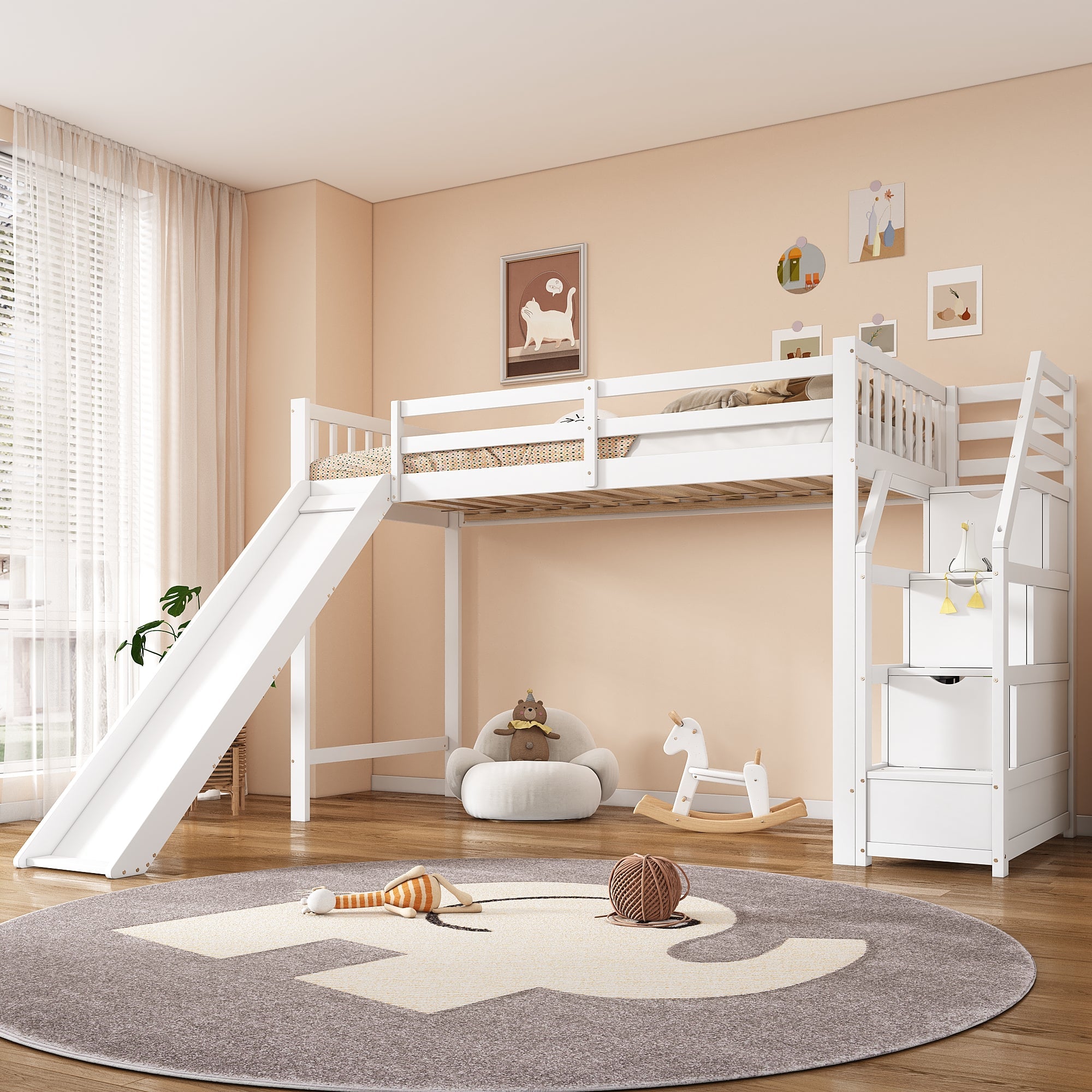 Logidon hoogslaper 90x200 cm met glijbaan en opbergladder wit EN747