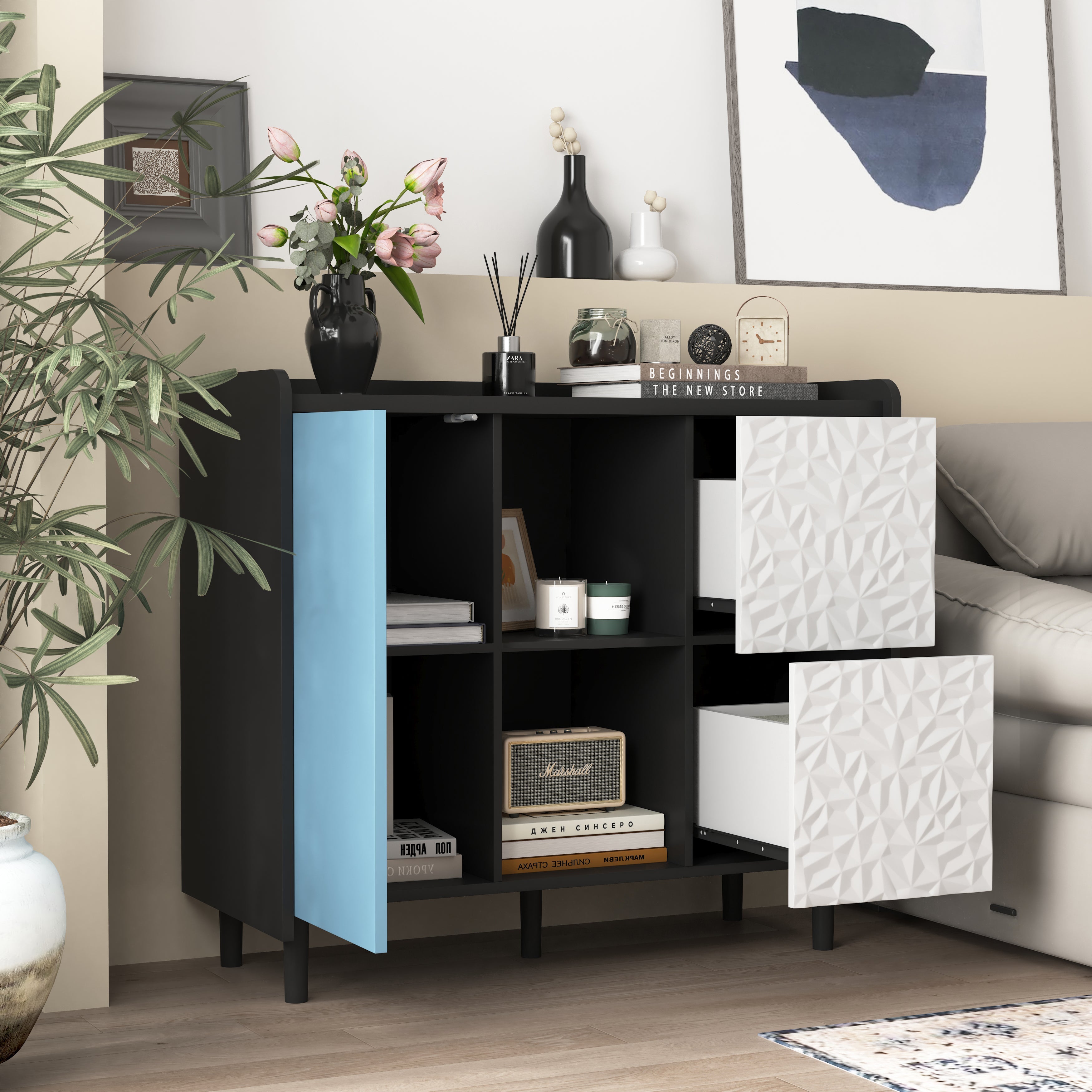 Logidon Dressoir Buffetkast 90 cm Blauw Wit Geometrische Fronten