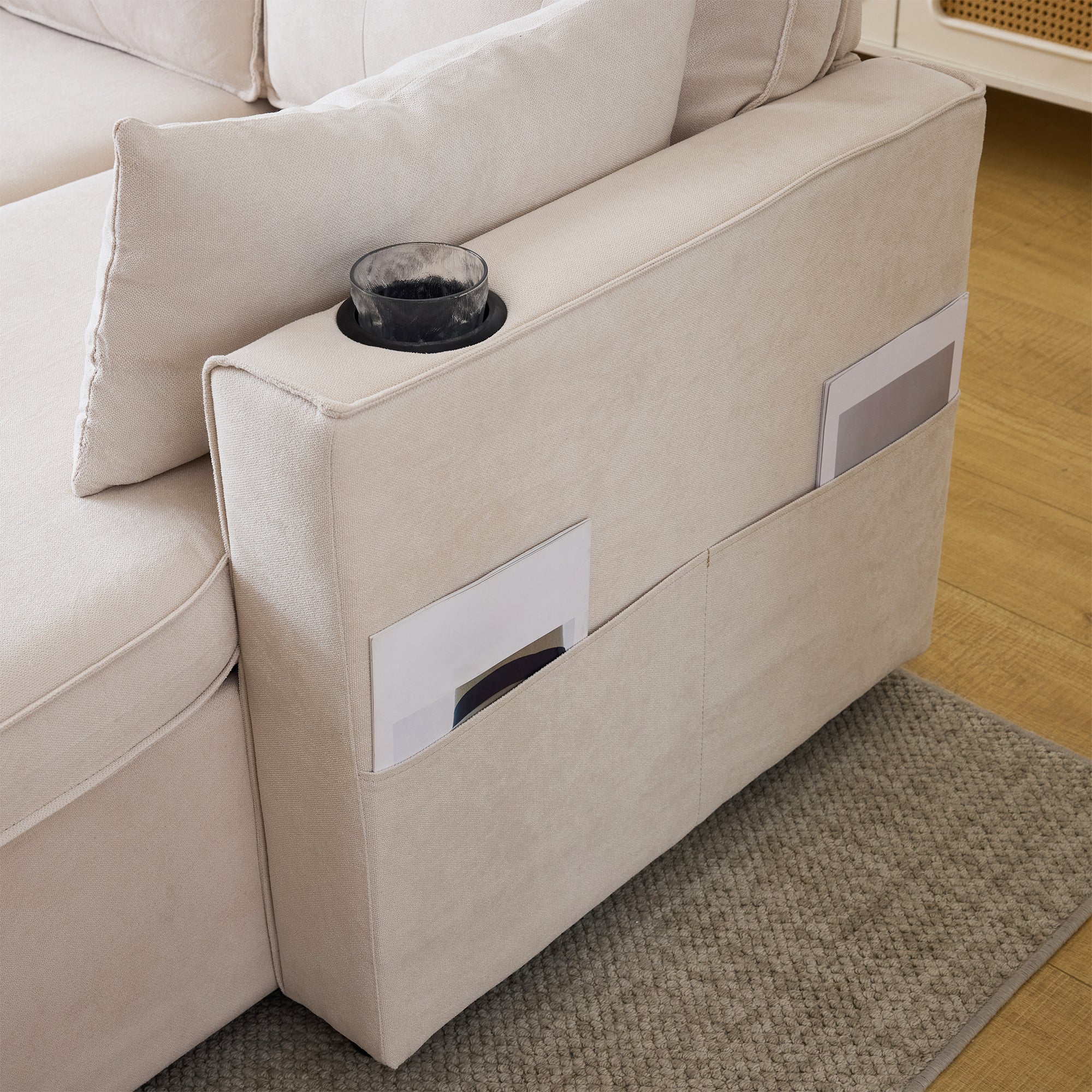 Logidon slaapbank L-vorm beige stof met opbergruimte en bekerhouder