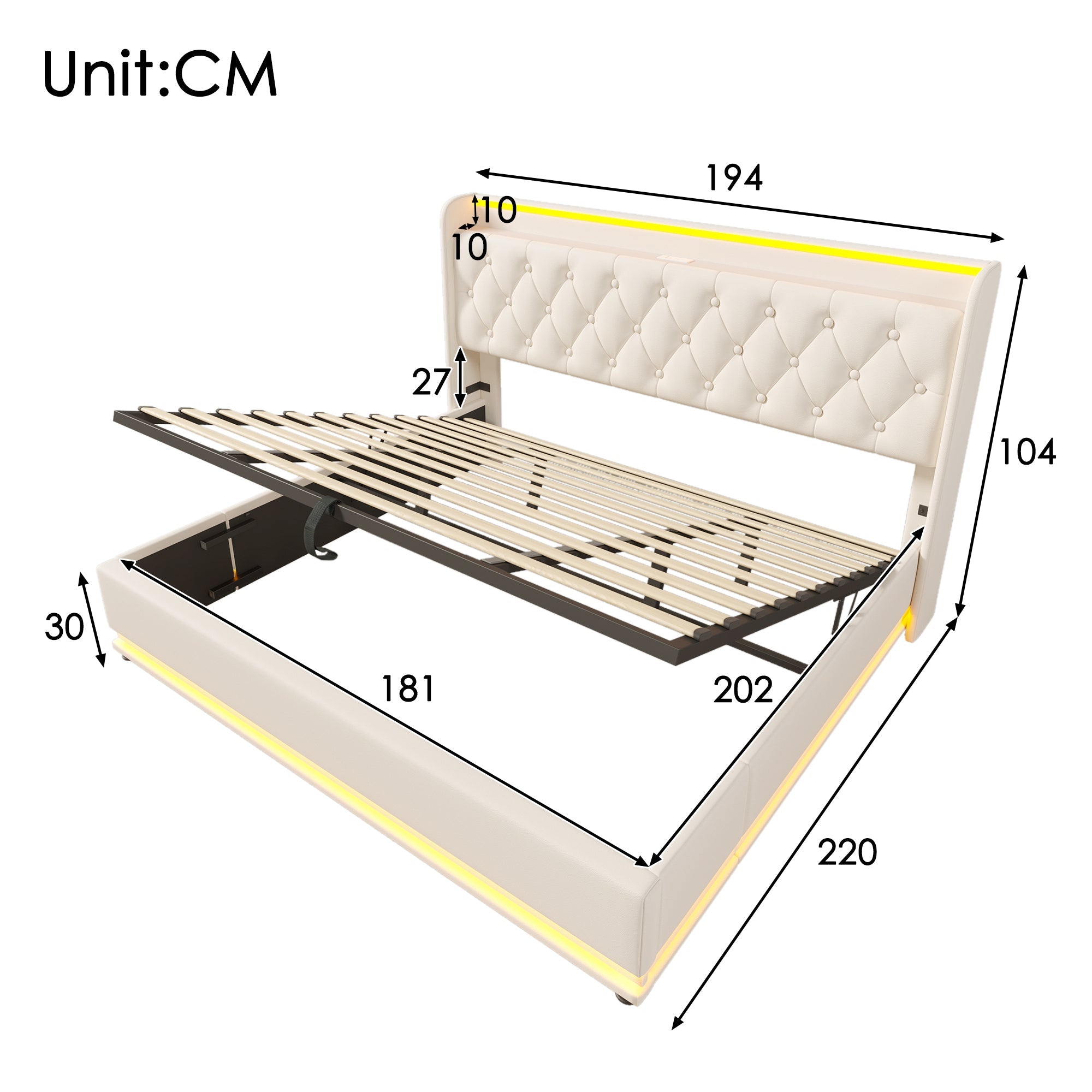 Logidon gestoffeerd bed tweepersoonsbed 180x200 cm wit PU, 360 surround LED