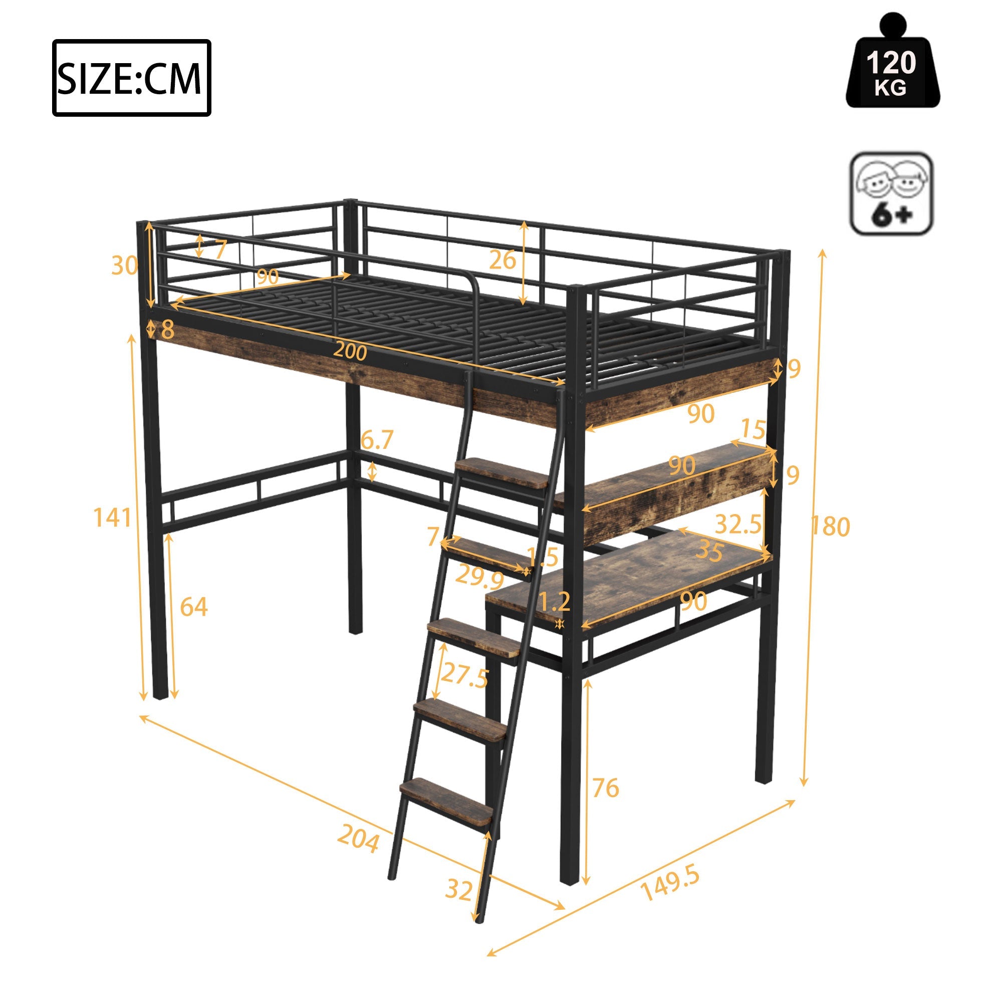 Logidon hoogslaper 90x200 cm met bureaurelingladder zwart