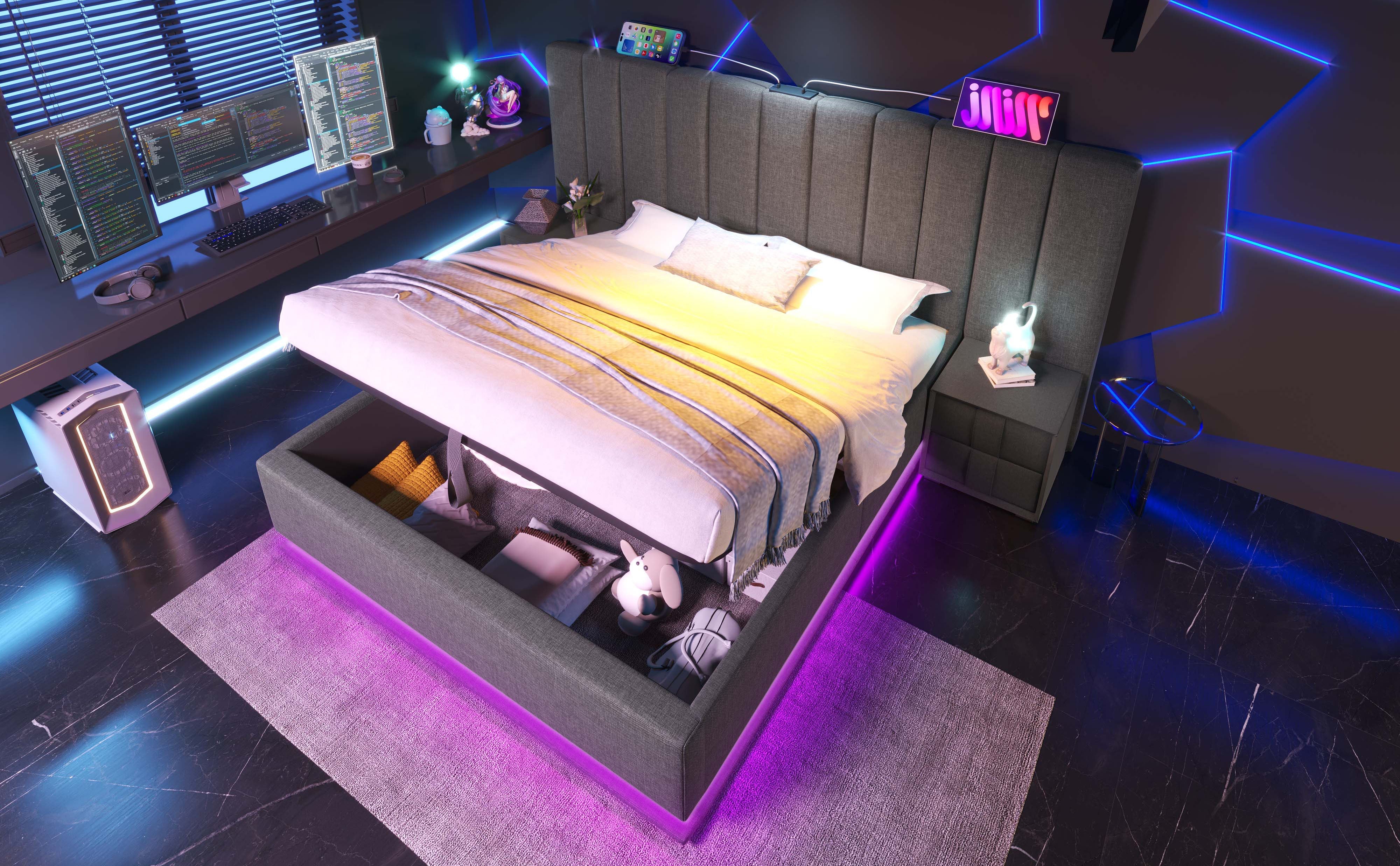 Logidon gestoffeerd bed 160x200 grijs met opbergruimte LED app bediening