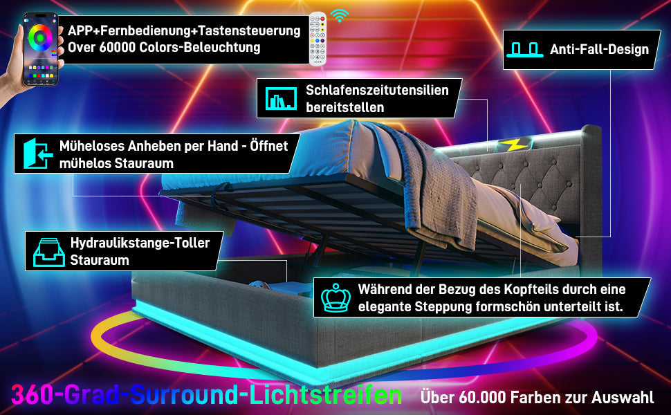 Logidon gestoffeerd bed tweepersoonsbed 180x200 cm grijs linnen LED-verlichting USB C