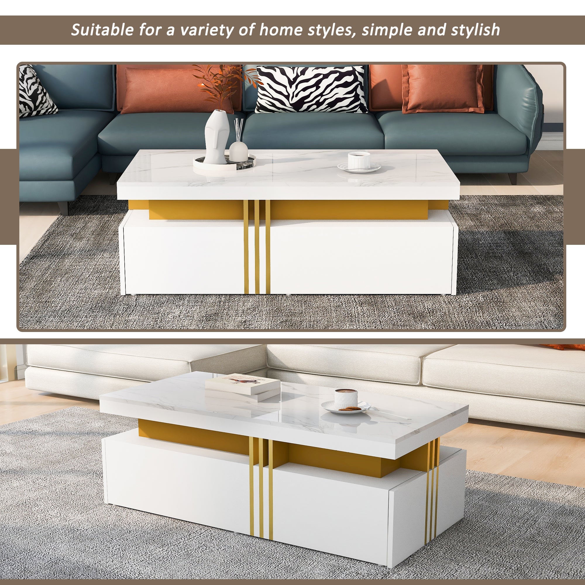Logidon Modern coffee table high gloss top, 2 drawers, 100x50 cm