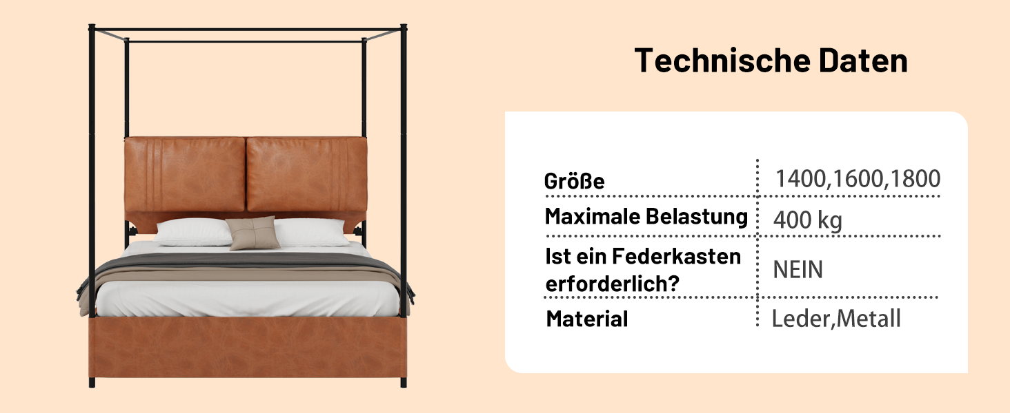 Logidon Luxe Hemelbed 180x200 Bruin met PU-lederen kussen