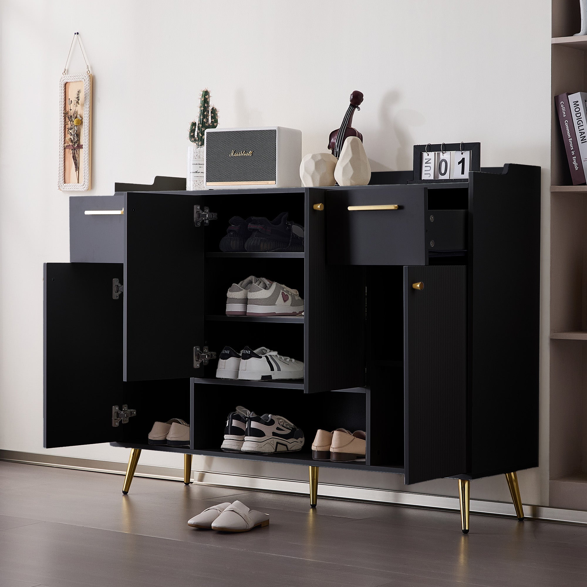 Logidon shoe cabinet black with 2 drawers and 4 doors metal feet