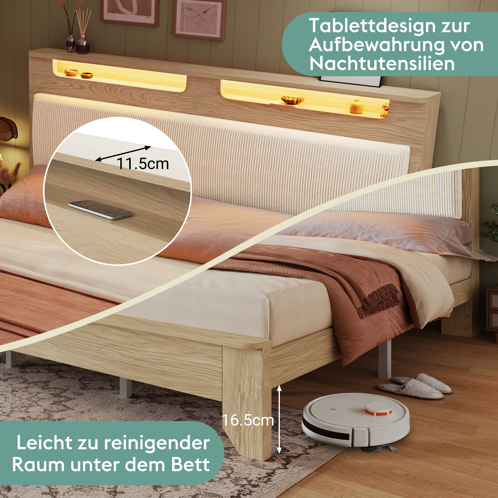 Logidon double bed 140x200 cm beige LED lighting headboard storage space